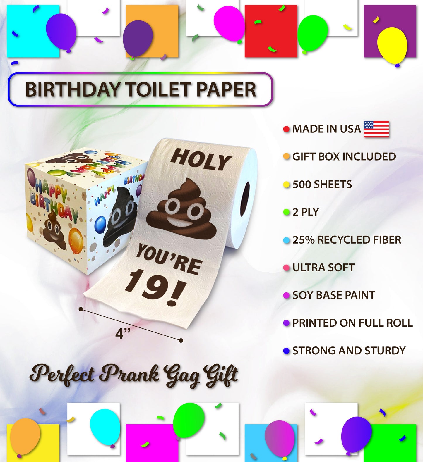 Printed TP Holy Poop You're 19 Funny Toilet Paper Roll Birthday Party Gag Gift