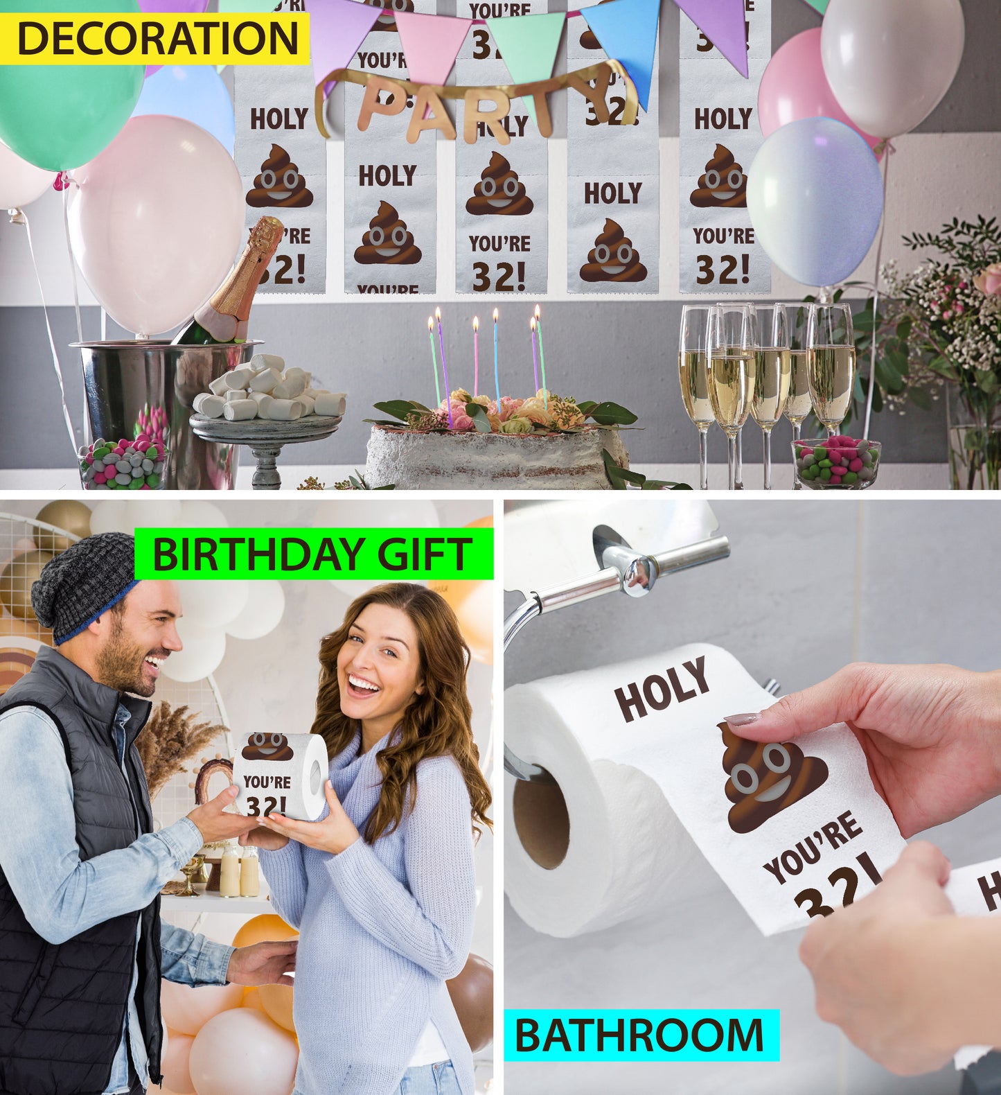 Printed TP Holy Poop You're 32 Funny Toilet Paper Roll Birthday Party Gag Gift