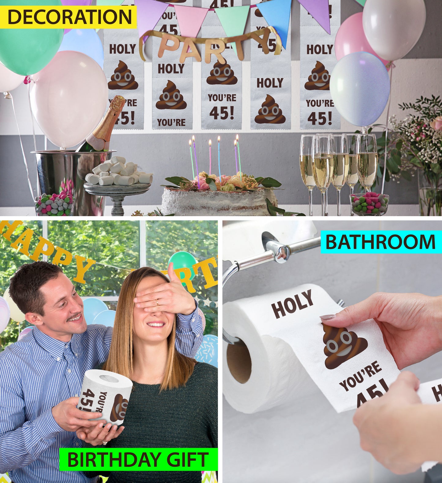Printed TP Holy Poop You're 45 Funny Toilet Paper Roll Birthday Party Gag Gift