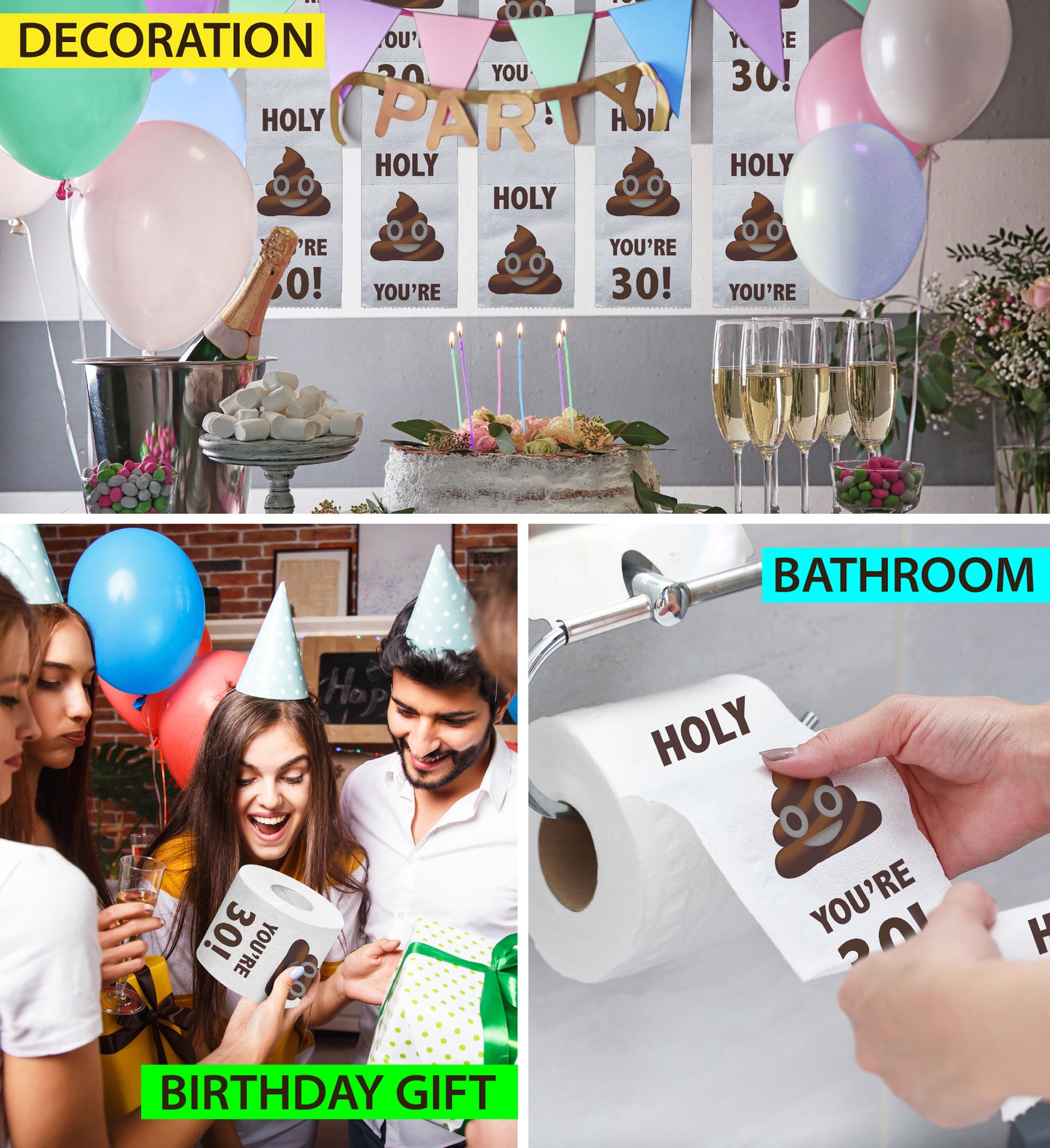 Printed TP Holy Poop You're 30 Funny Toilet Paper Roll Birthday Party Gag Gift