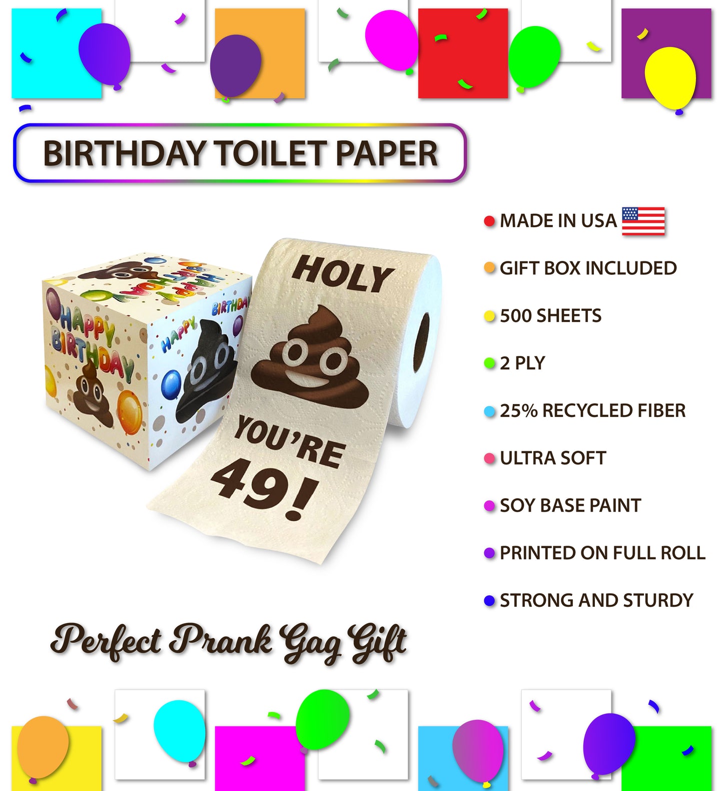 Printed TP Holy Poop You're 49 Funny Toilet Paper Roll Birthday Party Gag Gift