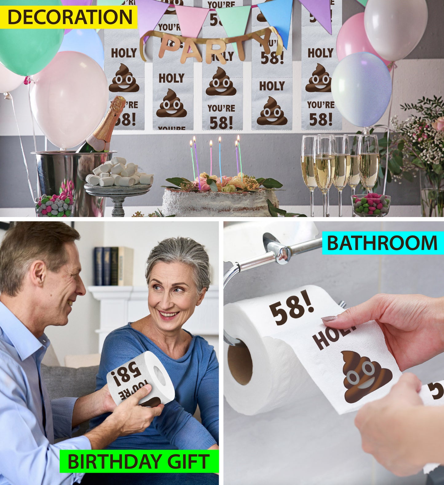 Printed TP Holy Poop You're 58 Funny Toilet Paper Roll Birthday Party Gag Gift