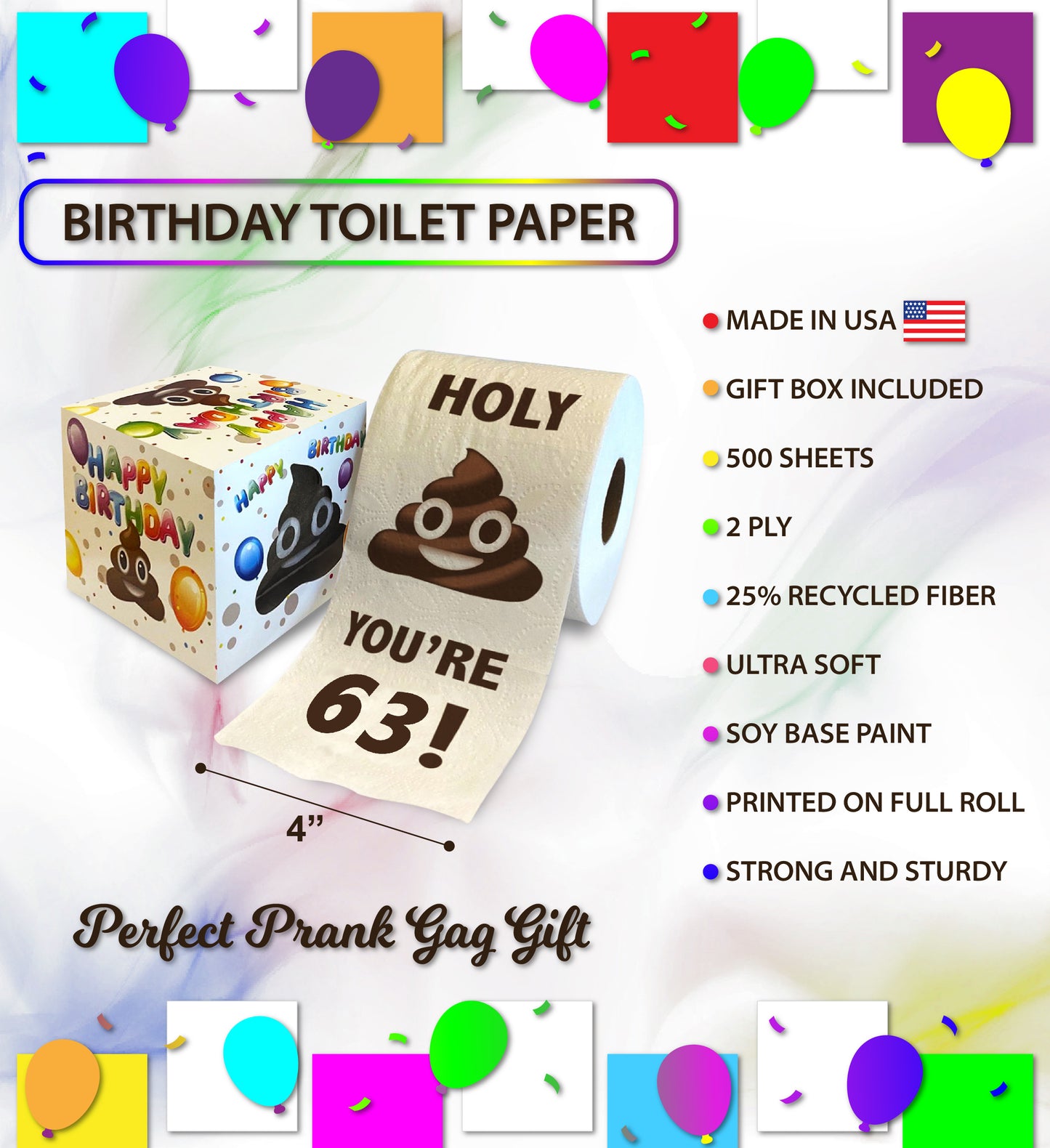 Printed TP Holy Poop You're 63 Funny Toilet Paper Roll Birthday Party Gag Gift