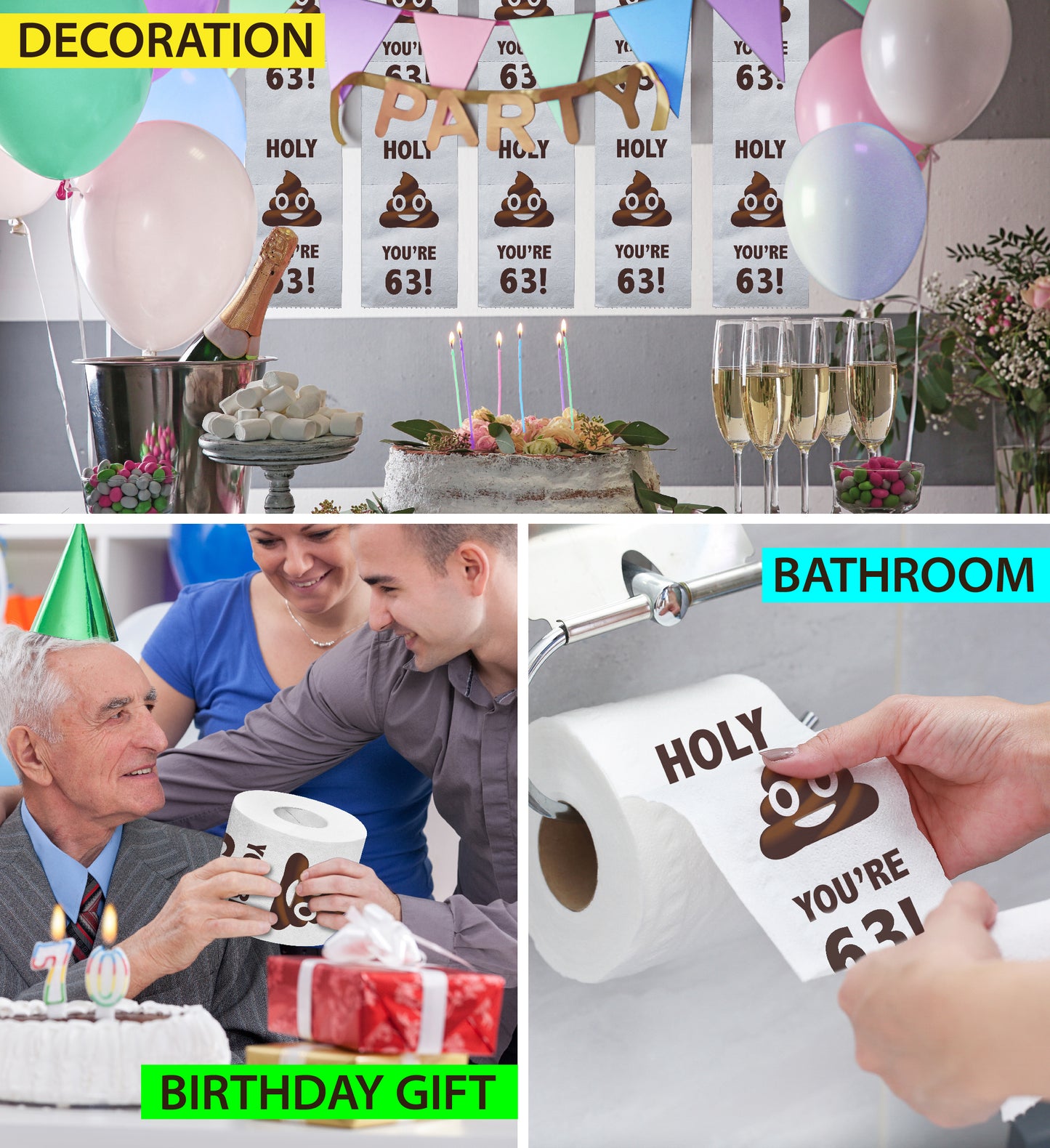 Printed TP Holy Poop You're 63 Funny Toilet Paper Roll Birthday Party Gag Gift