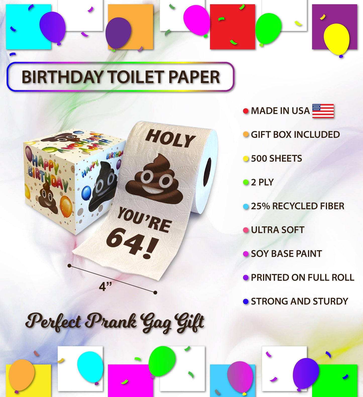 Printed TP Holy Poop You're 64 Funny Toilet Paper Roll Birthday Party Gag Gift