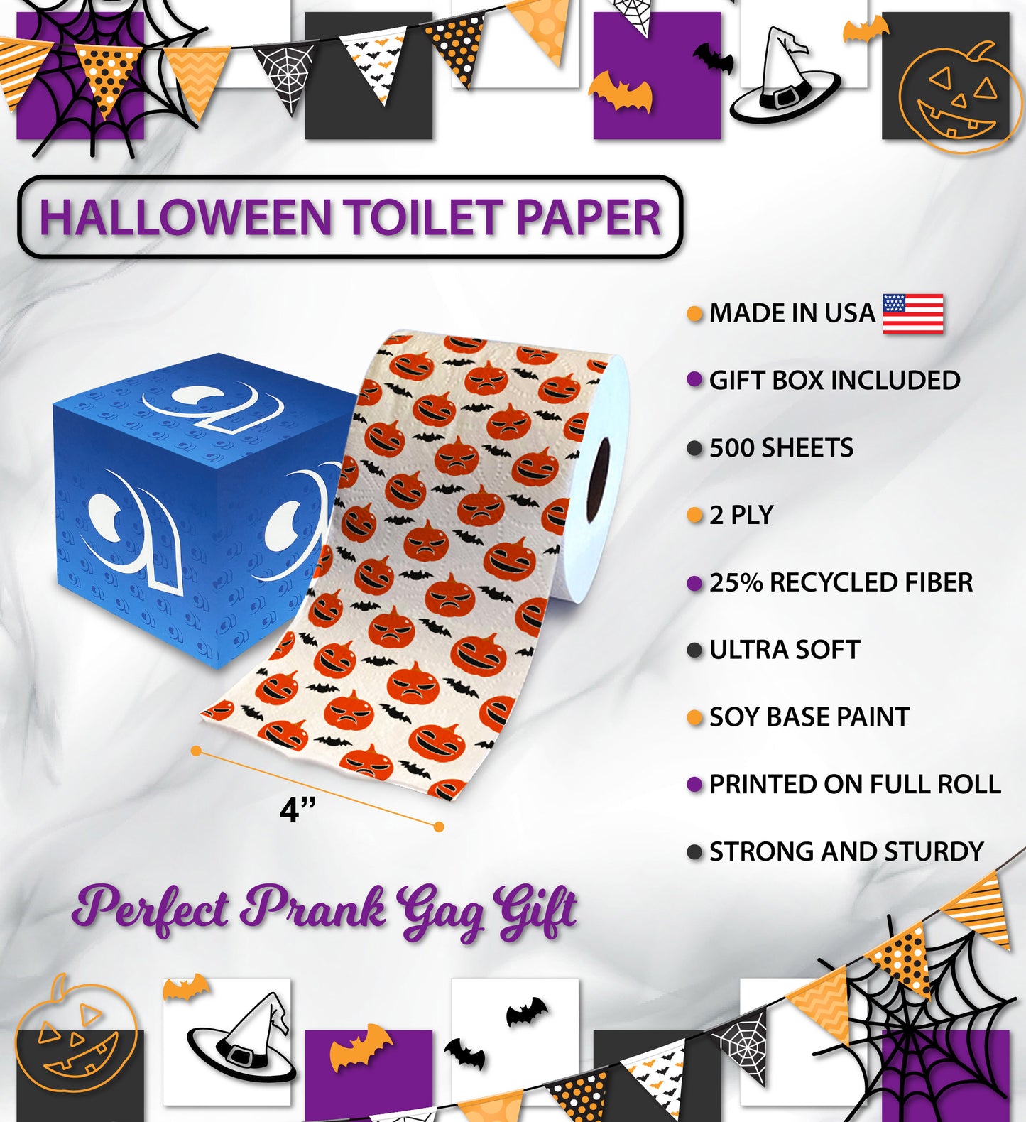 Printed TP Halloween Pumpkin and Bat Scary Decoration Toilet Paper Roll Gift