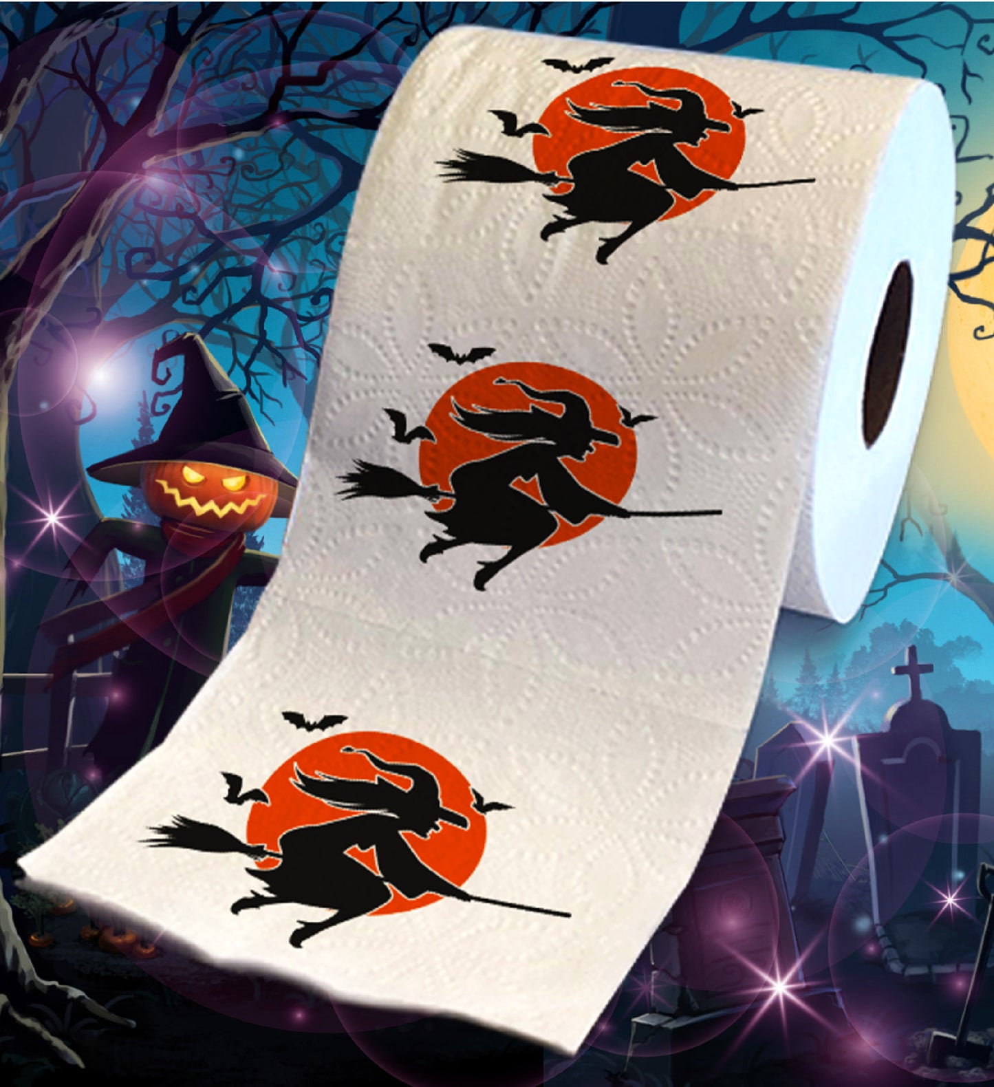 Printed TP Halloween Witch and Moon Scary Decoration Toilet Paper Roll Gag Gift