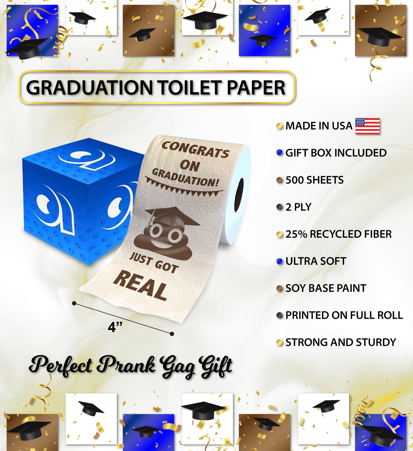 Printed TP Congrats on Graduation Toilet Paper Roll Prank Gag Gift for New Grad