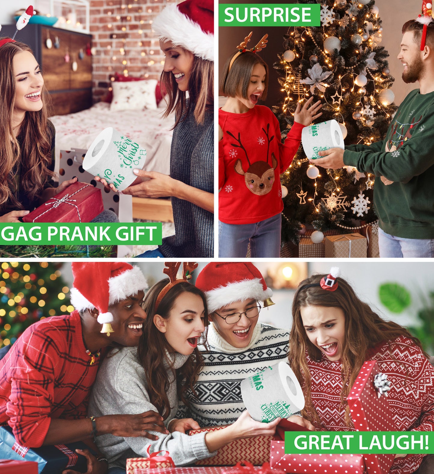 Printed TP Merry Christmas Green Text Toilet Paper Roll Holiday Gift for Stuffer