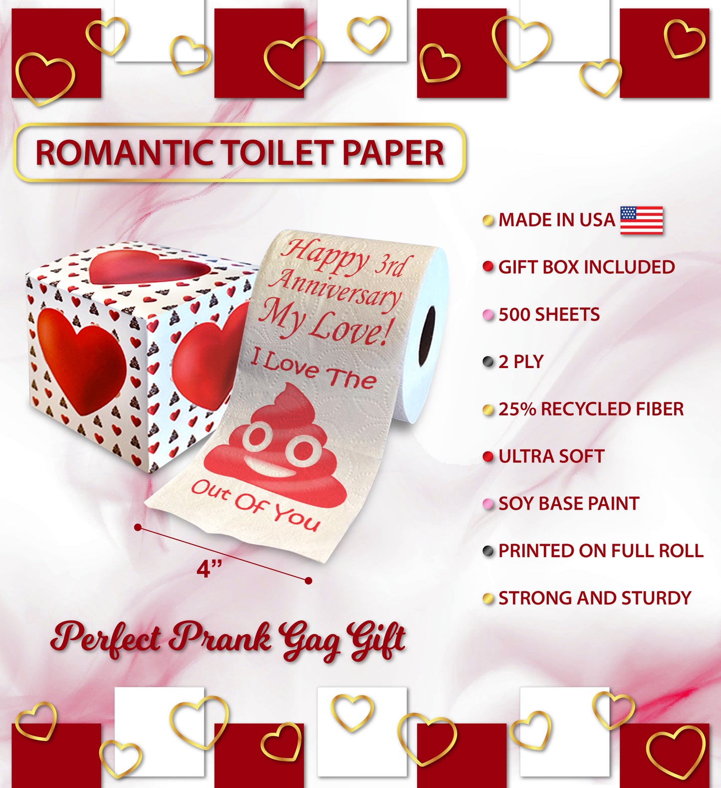 Printed TP Happy Third Anniversary Printed Toilet Paper Prank – 500 Sheets