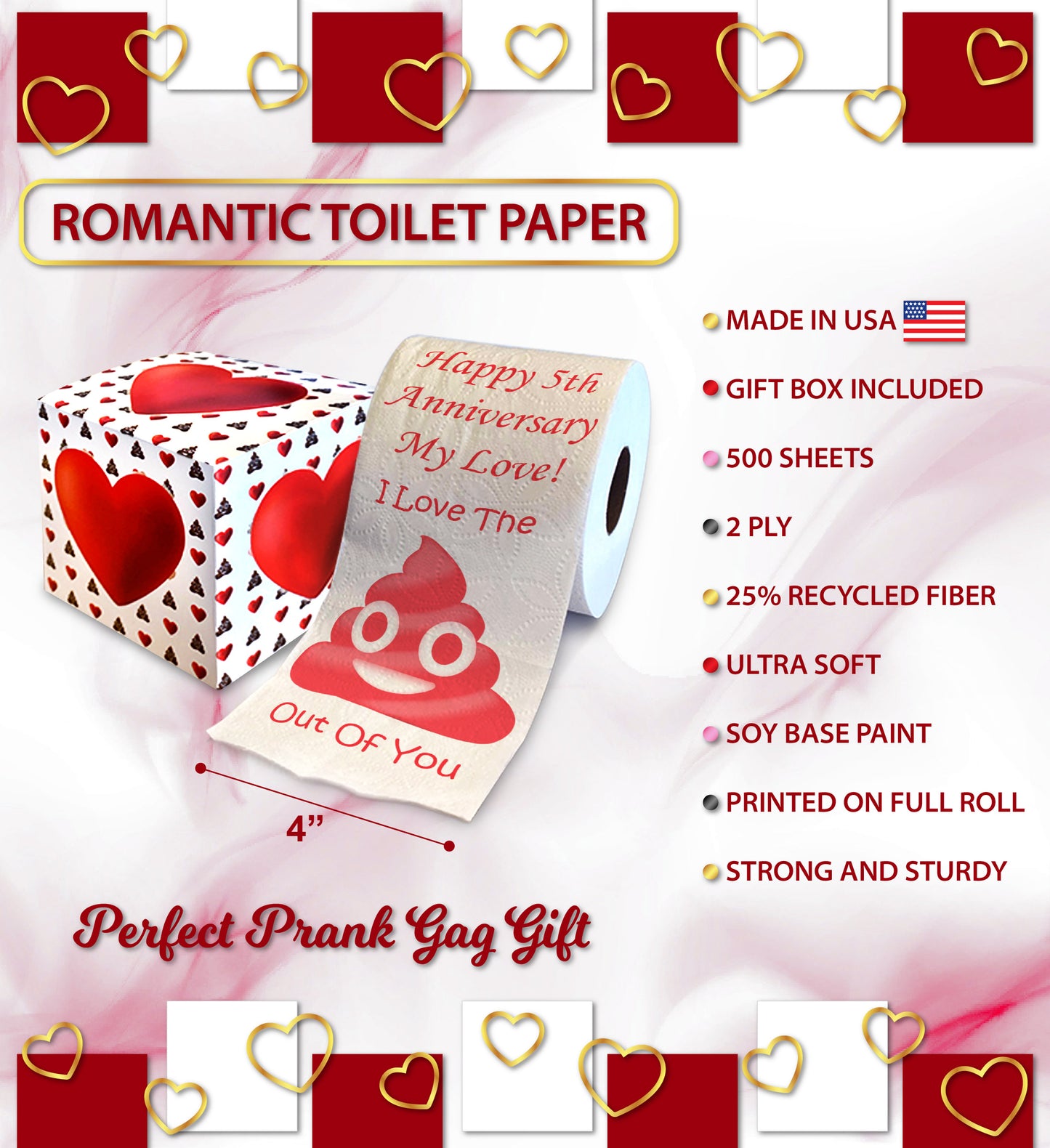 Printed TP Happy Fifth Anniversary Printed Toilet Paper Prank – 500 Sheets