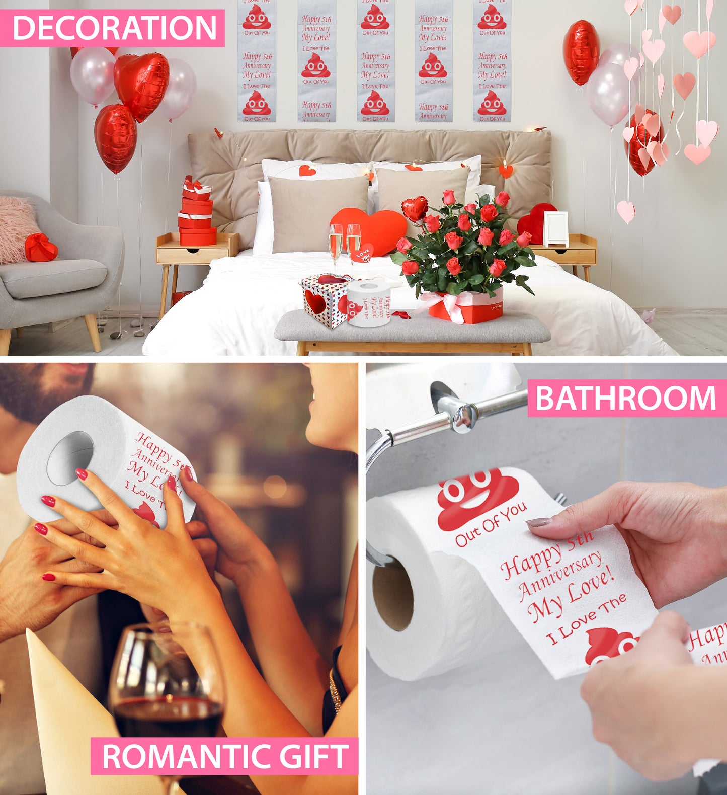 Printed TP Happy Fifth Anniversary Printed Toilet Paper Prank – 500 Sheets