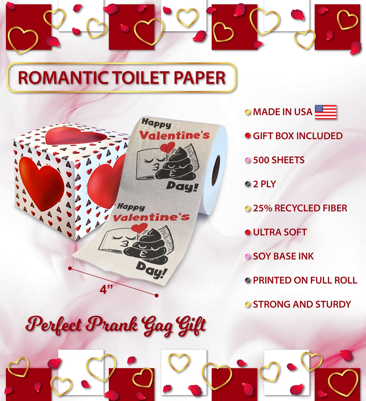 Printed TP Happy Valentine's Printed Toilet Paper Funny Gag Gift - 500 Sheets