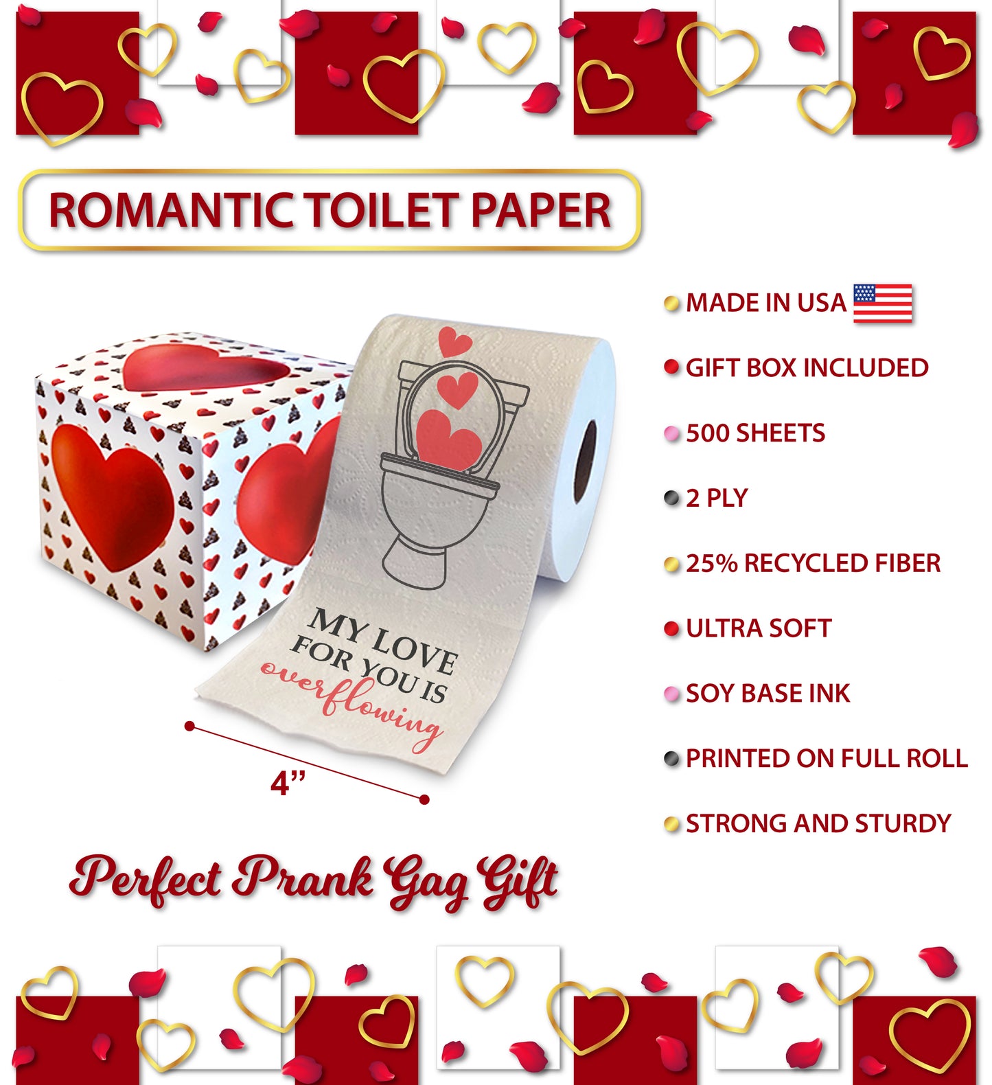 Printed TP My Love For You Is Overflowing Printed Toilet Paper Gift, 500 Sheets