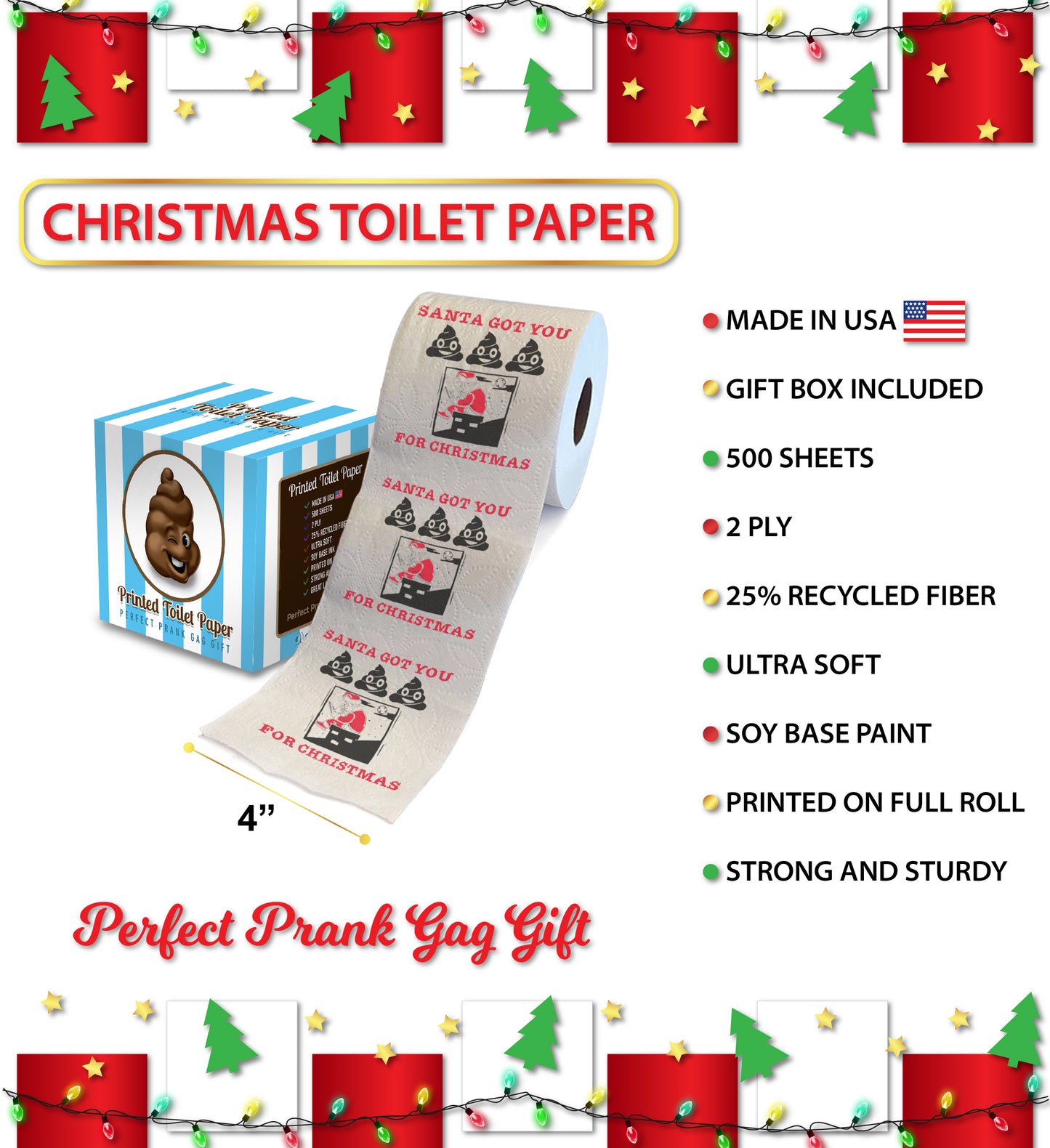 Printed TP Santa Got You Poop for Christmas Printed Toilet Paper – 500 Sheets