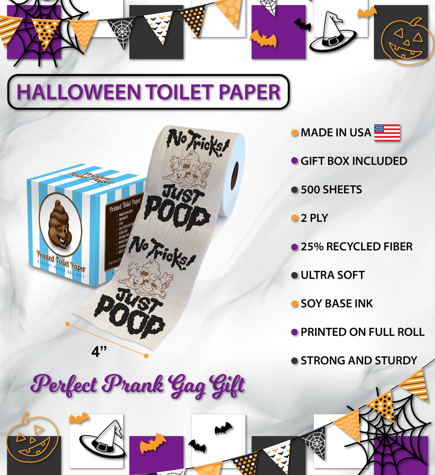 Printed TP Halloween No Tricks Just Poop Printed Toilet Paper Gift – 500 Sheets
