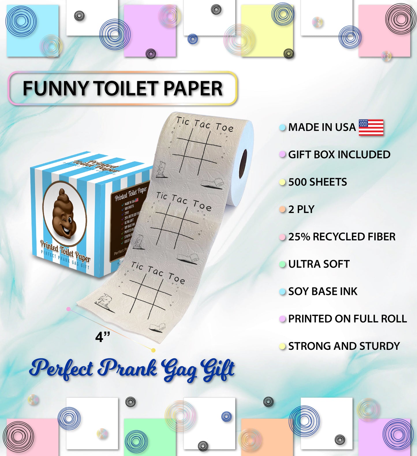 Printed TP Tic Tac Toe Printed Toilet Paper Funny Gag Novelty Gift – 500 Sheets