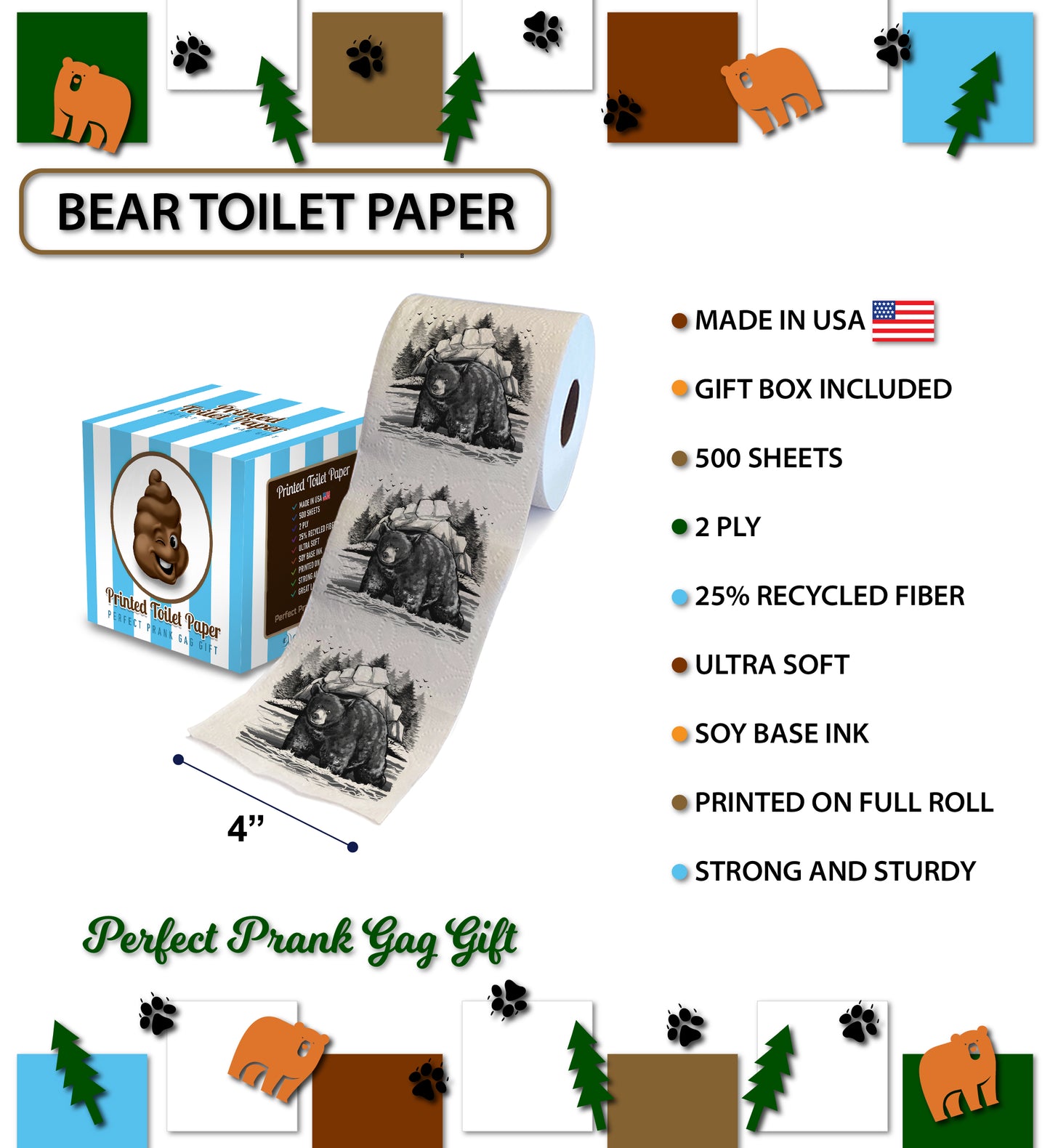 Printed TP Black Bear Scene Printed Toilet Paper Funny Gag Gift – 500 Sheets