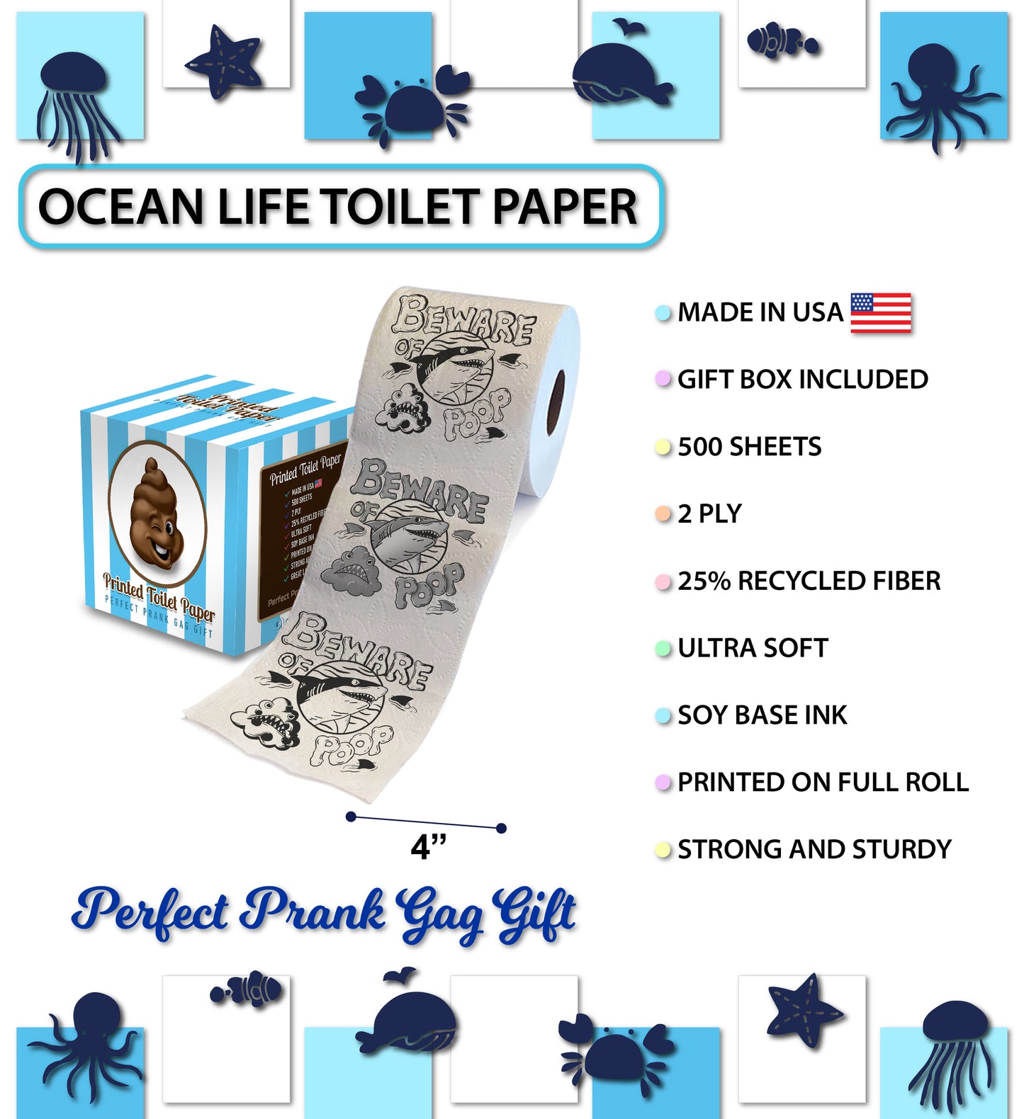 Printed TP Beware of Shark Poop Printed Toilet Paper Funny Gag Gift – 500 Sheet
