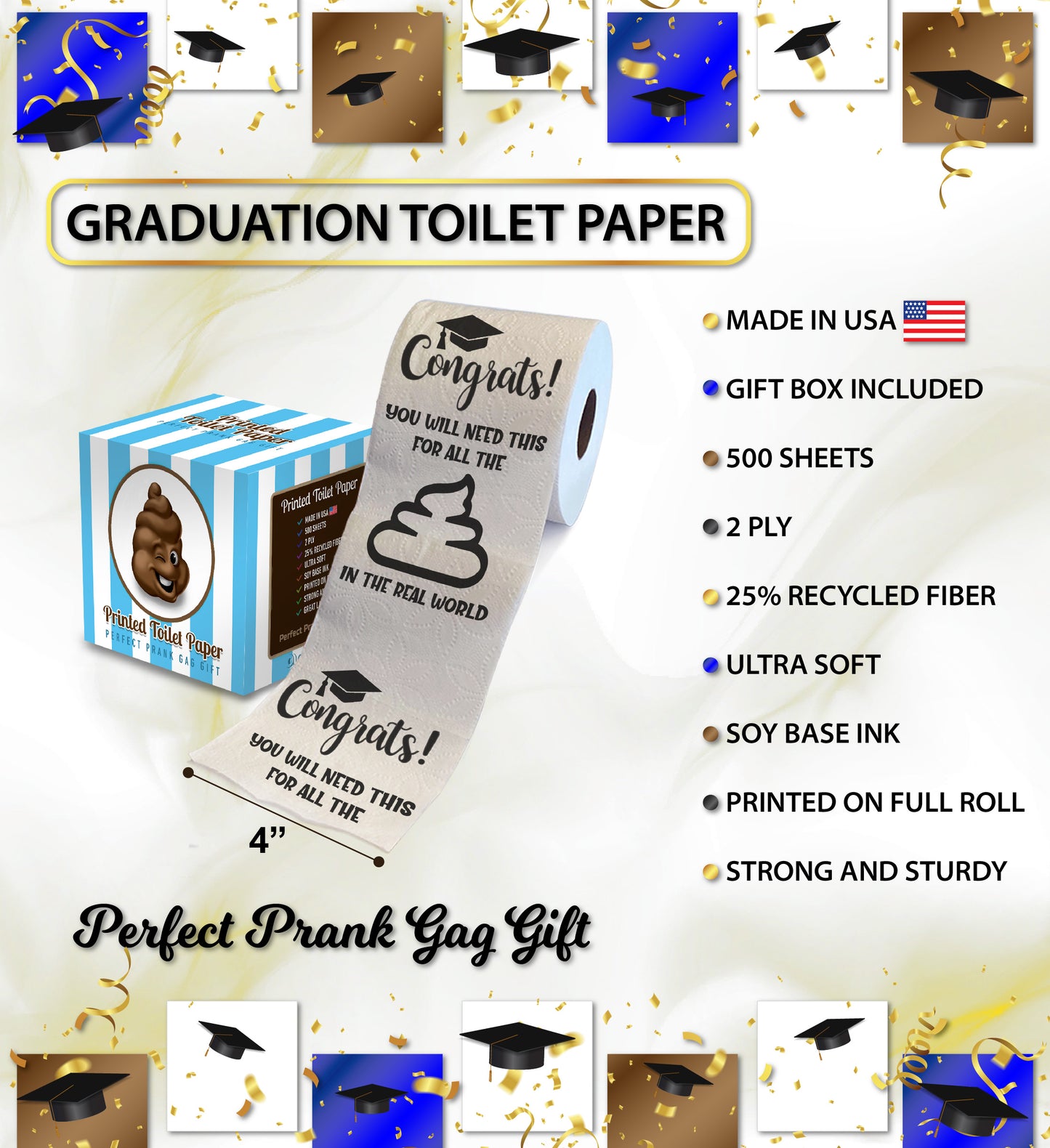 Printed TP Congrats Printed Toilet Paper Graduation Gag Gift, 500 Sheets