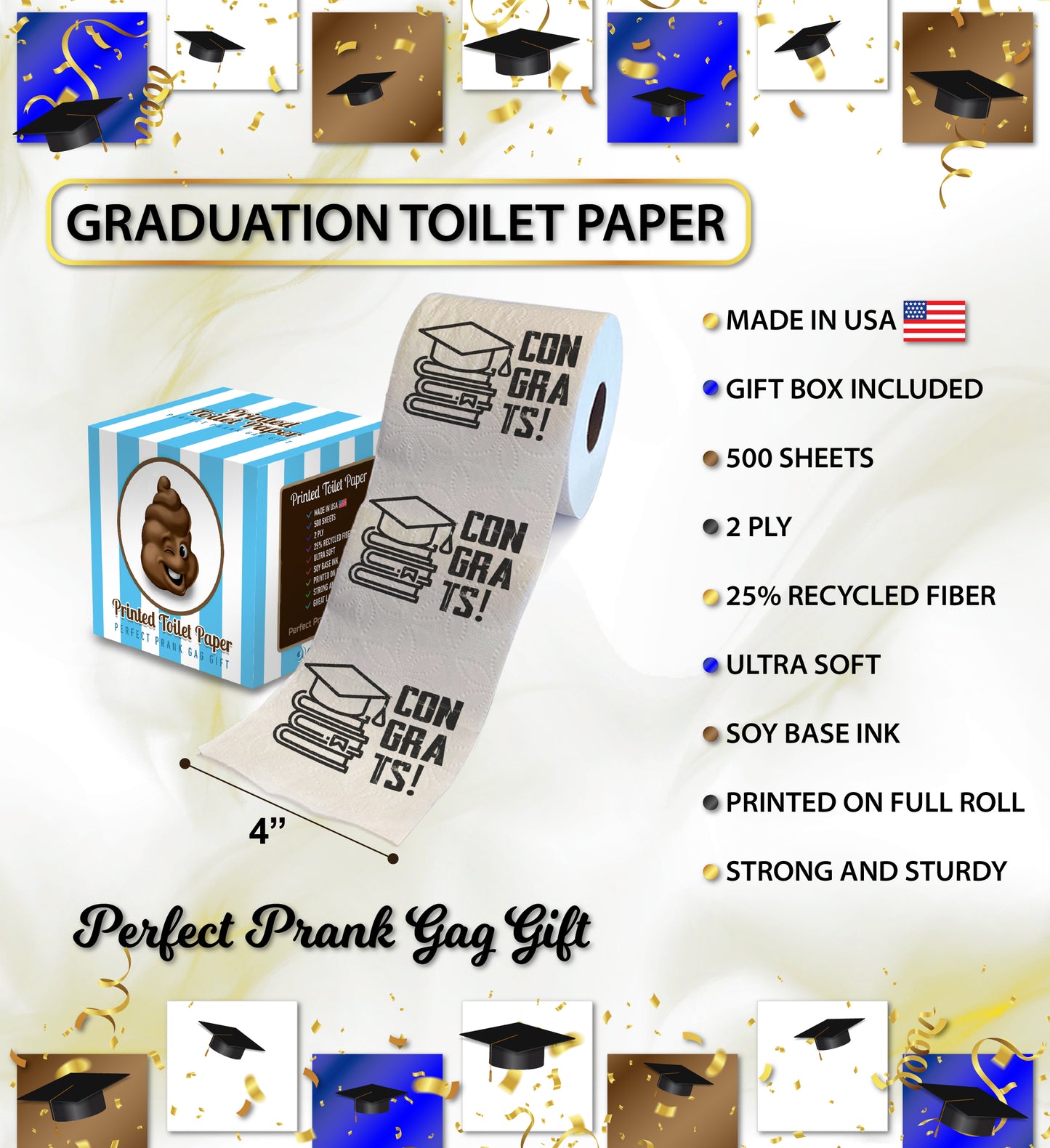 Printed TP Congrats Printed Toilet Paper Happy Graduation Gag Gift, 500 Sheets