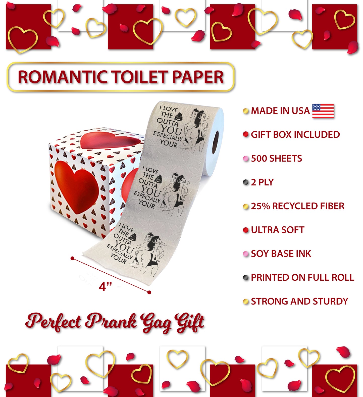 Printed TP Love Your Butt Printed Toilet Paper Gag Gift For Prank – 500 Sheets