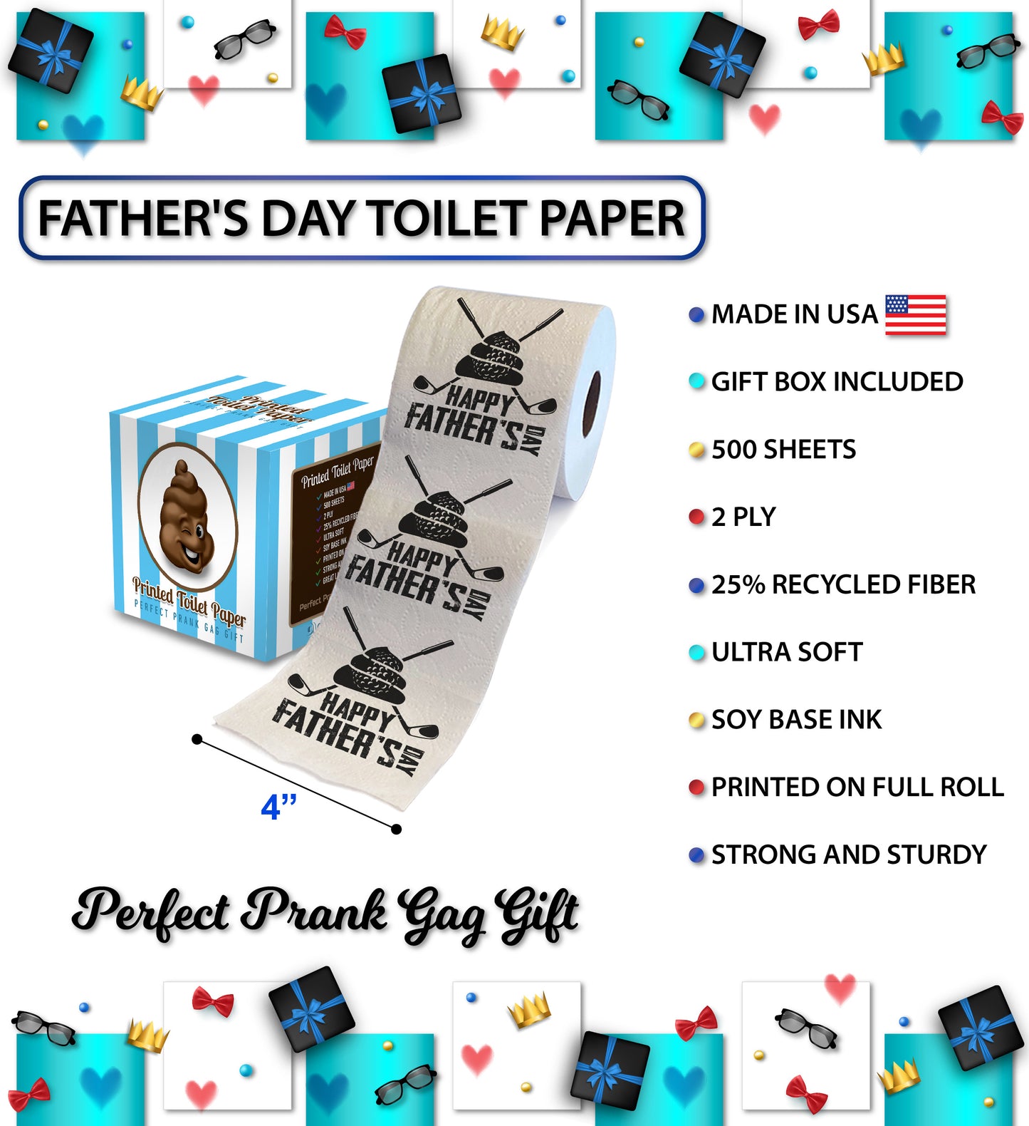 Printed TP Happy Fathers Day Golf With My Poop Printed Toilet Paper, 500 Sheets