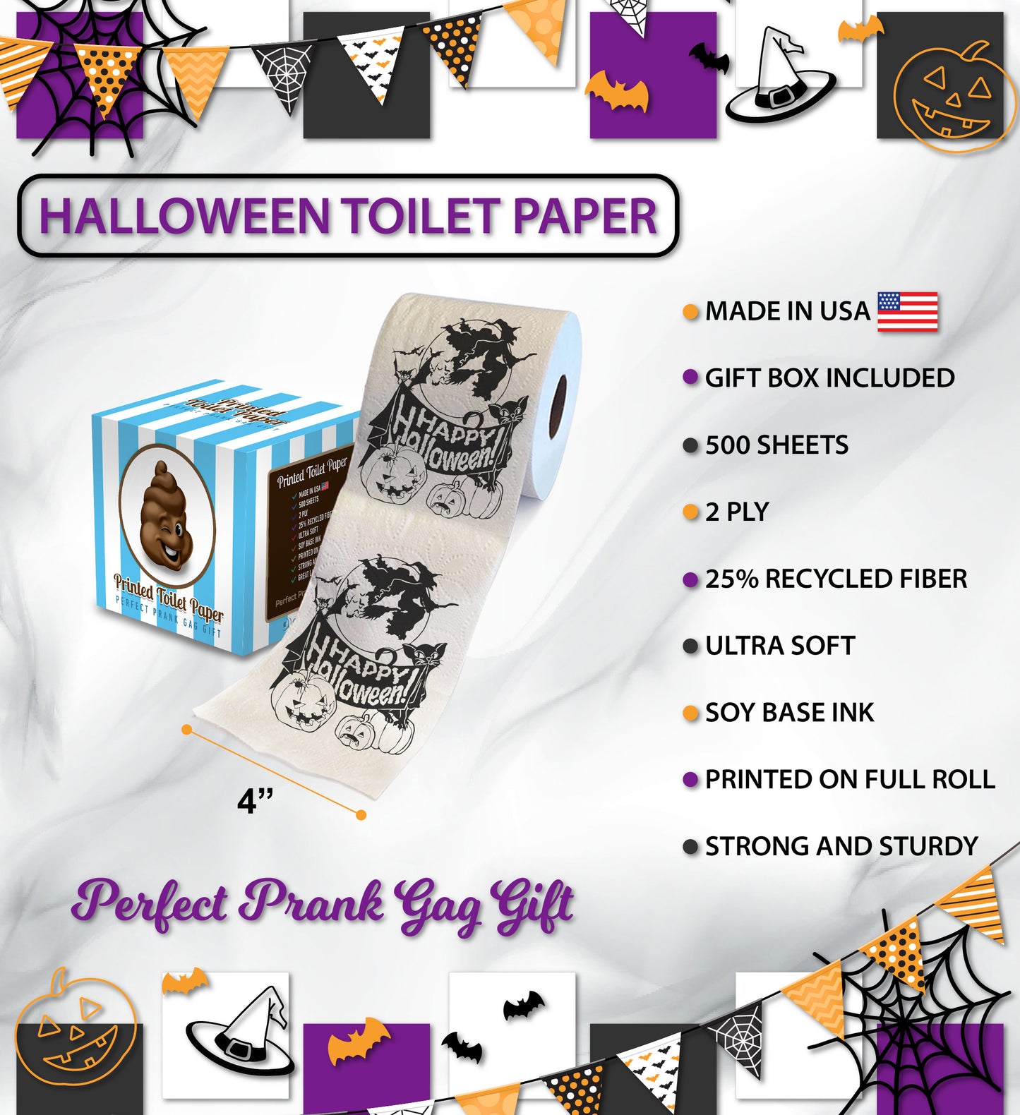 Printed TP Happy Halloween Printed Toilet Paper Funny Gag Gift – 500 Sheets