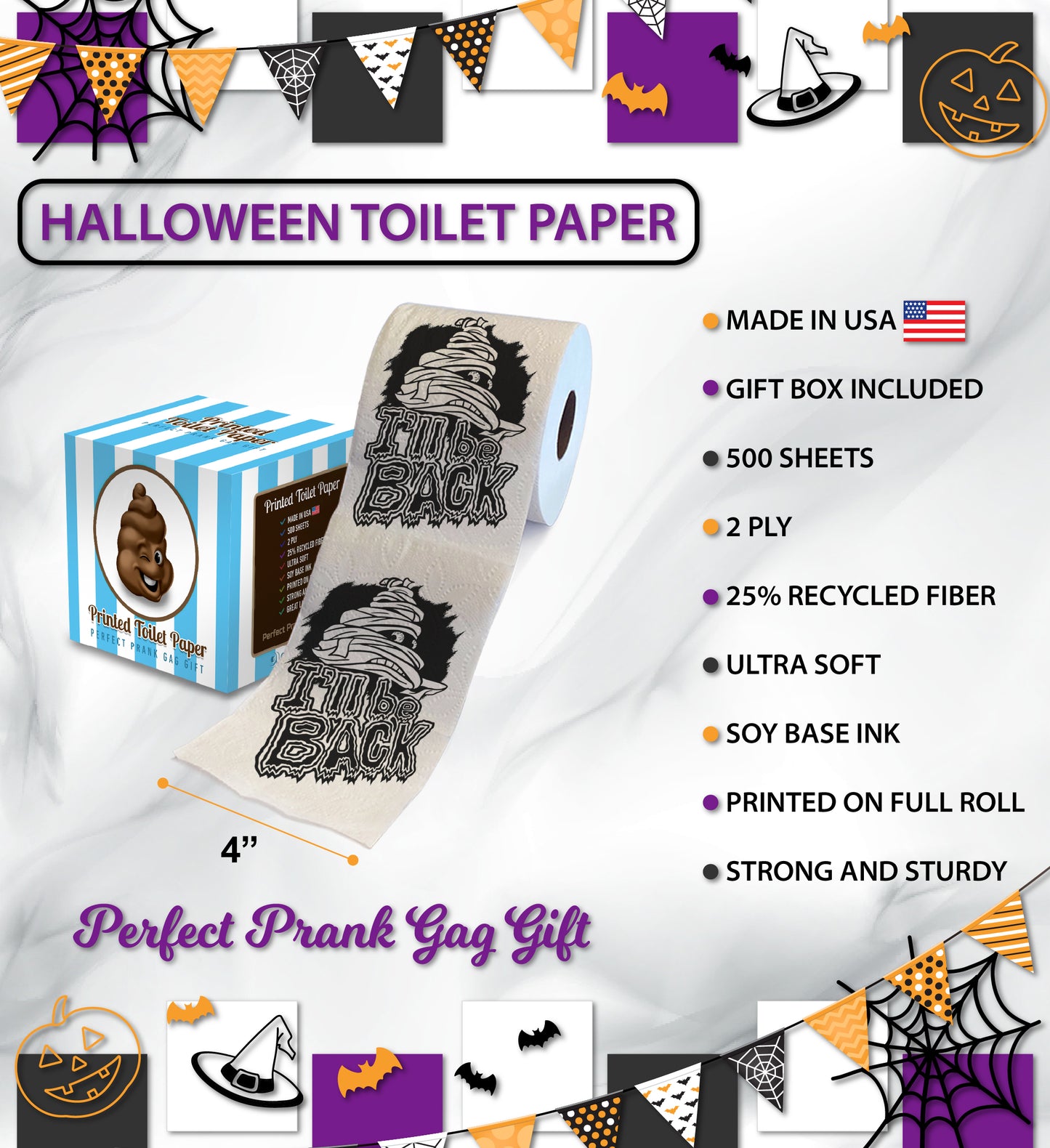 Printed TP Halloween I'll Be Back Printed Toilet Paper Gag Gift – 500 Sheets
