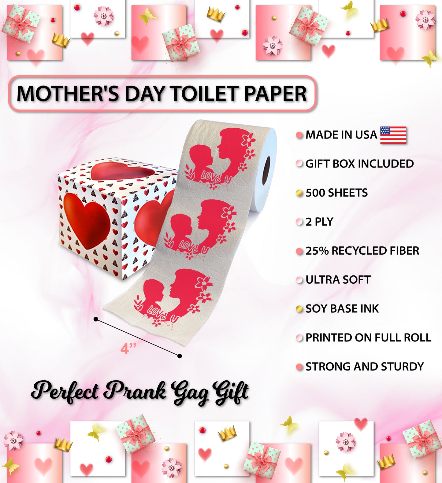 Printed TP Happy Mother's Day I Love You Mom Printed Toilet Paper - 500 Sheets