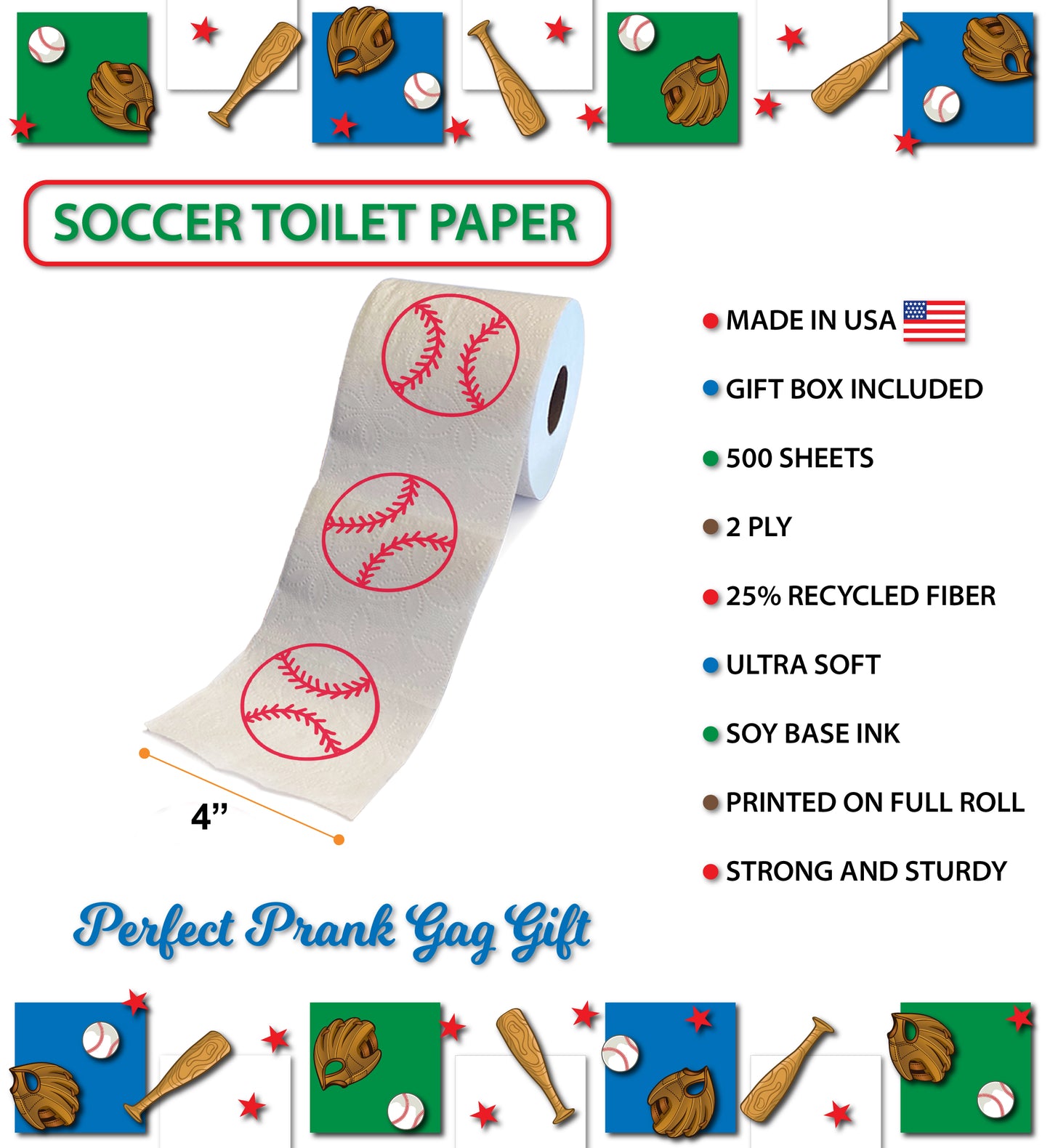 Printed TP Fun Sports Games Printed Toilet Paper Roll - 500 Sheets Baseball