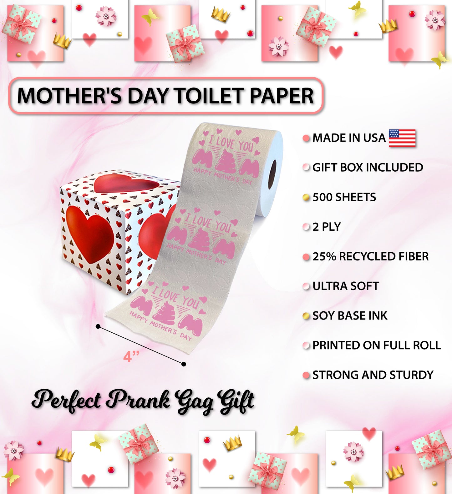 Printed TP Happy Mother's Day I Love You Design Toilet Paper Roll - 500 Sheets