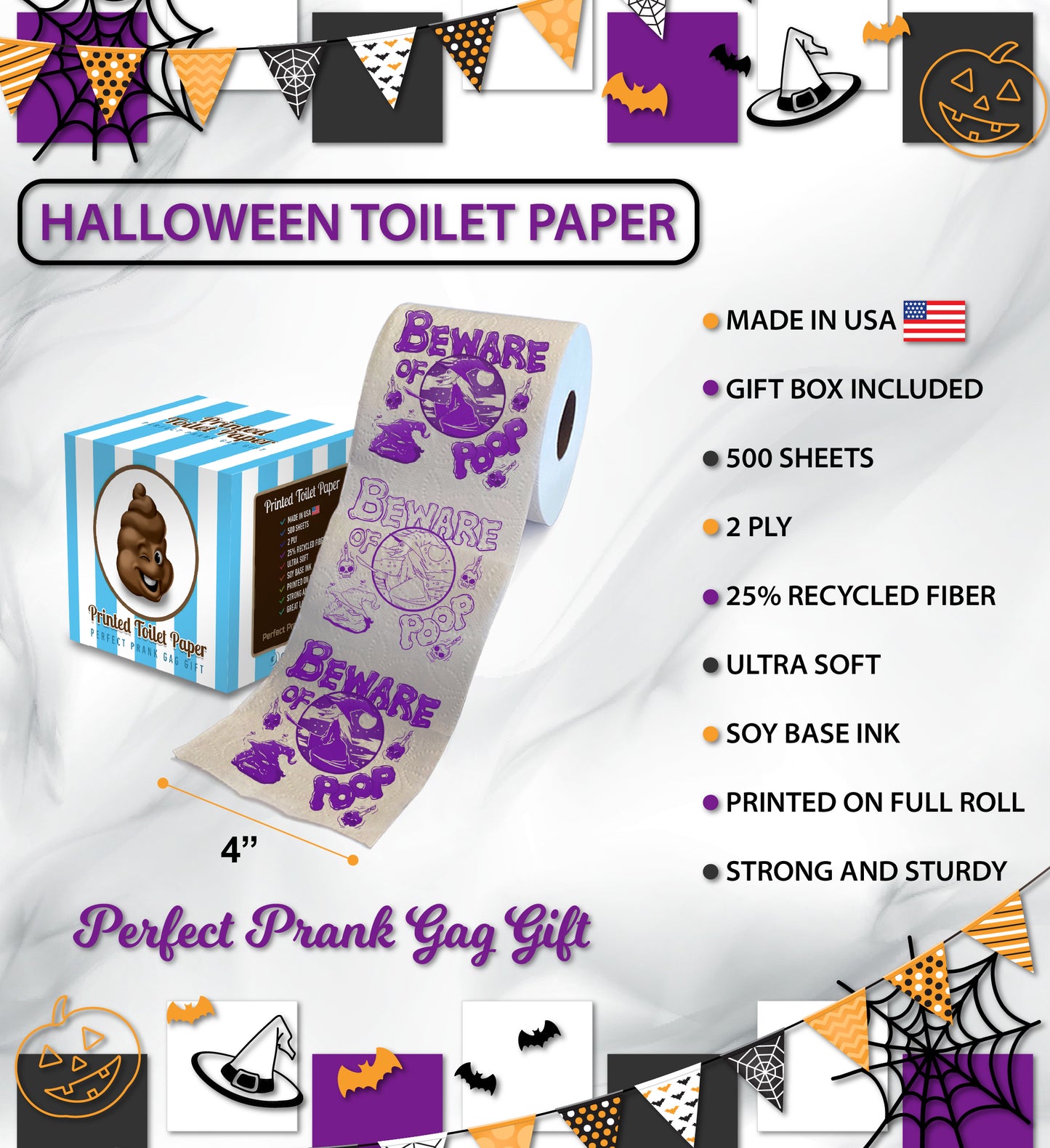 Printed TP Halloween Beware of Witch Poop Printed Toilet Paper – 500 Sheets