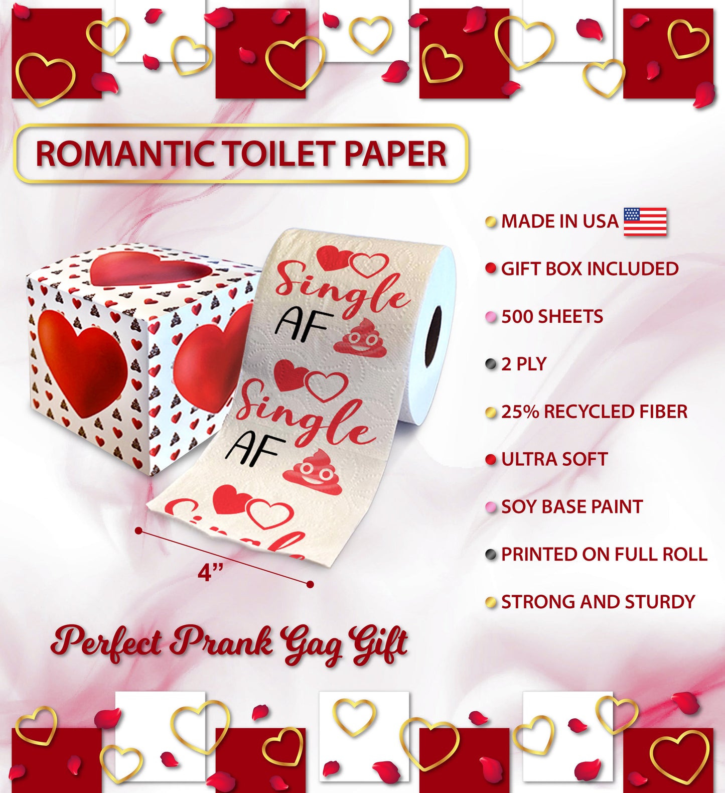 Printed TP Single AF Valentine's Funny Toilet Paper Roll Gag Gift for Singles