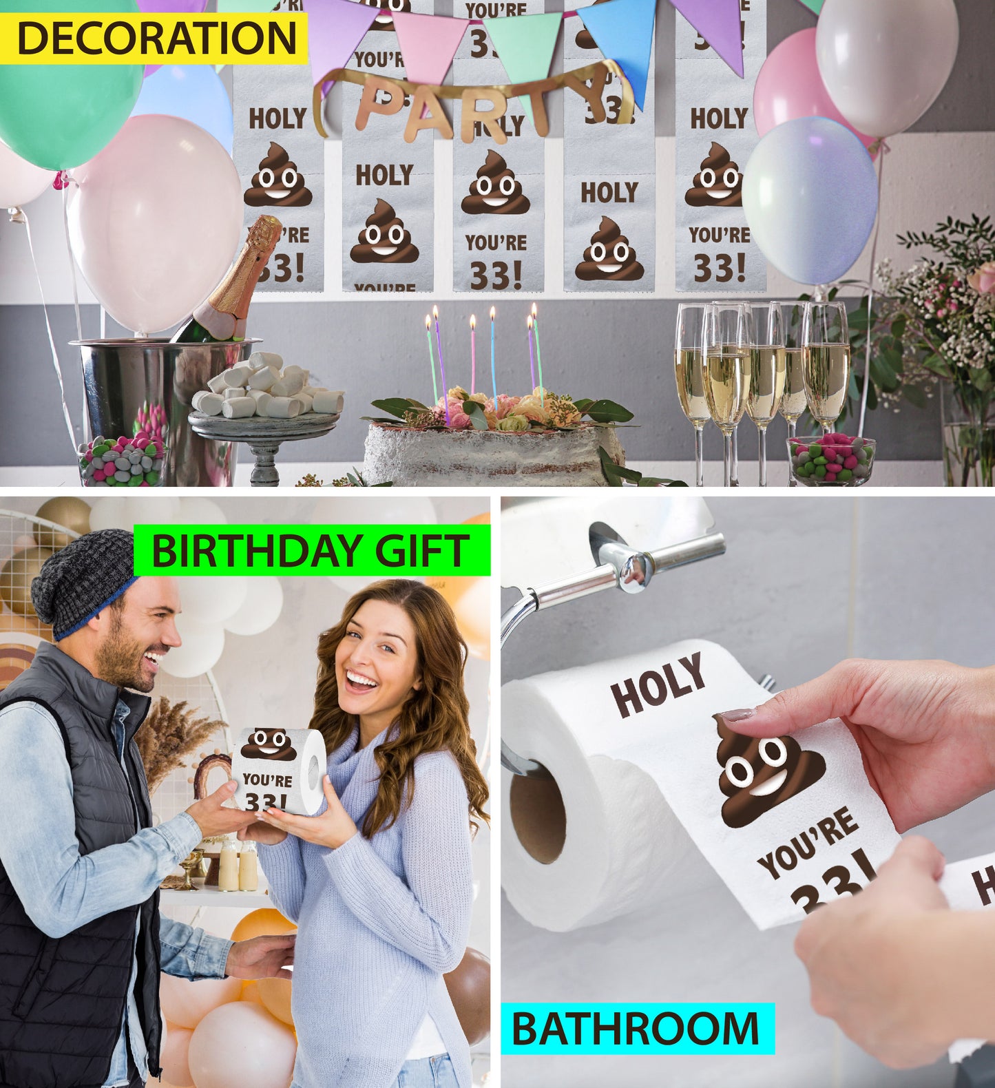 Printed TP Holy Poop You're 33 Funny Toilet Paper Roll Birthday Party Gag Gift