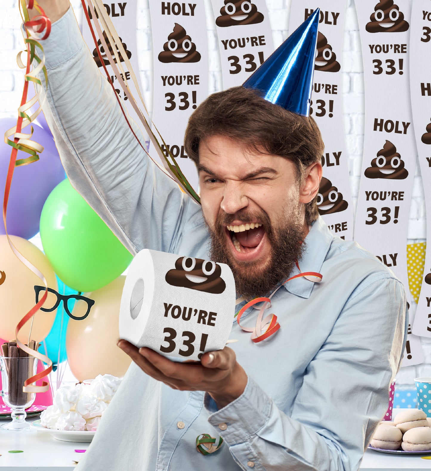 Printed TP Holy Poop You're 33 Funny Toilet Paper Roll Birthday Party Gag Gift