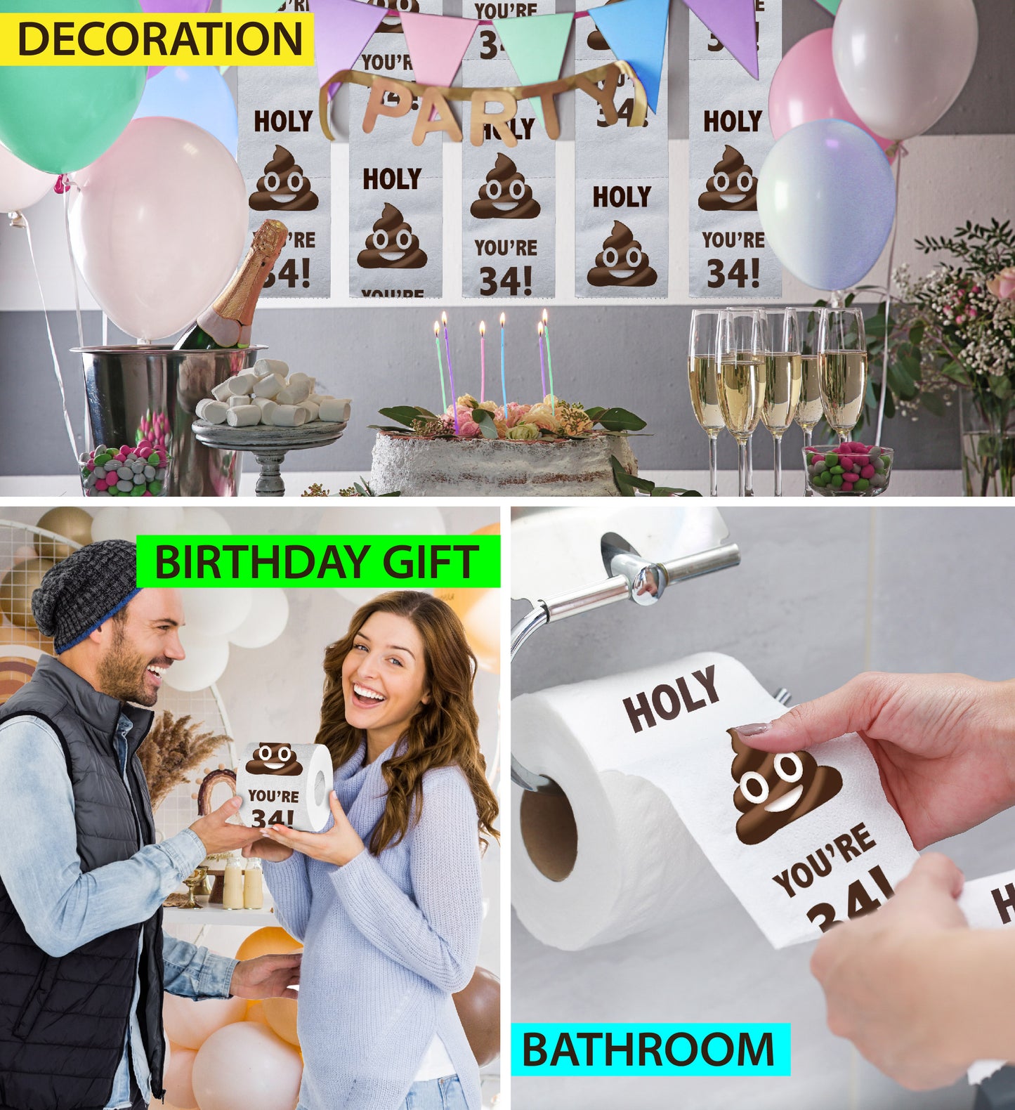 Printed TP Holy Poop You're 34 Funny Toilet Paper Roll Birthday Party Gag Gift