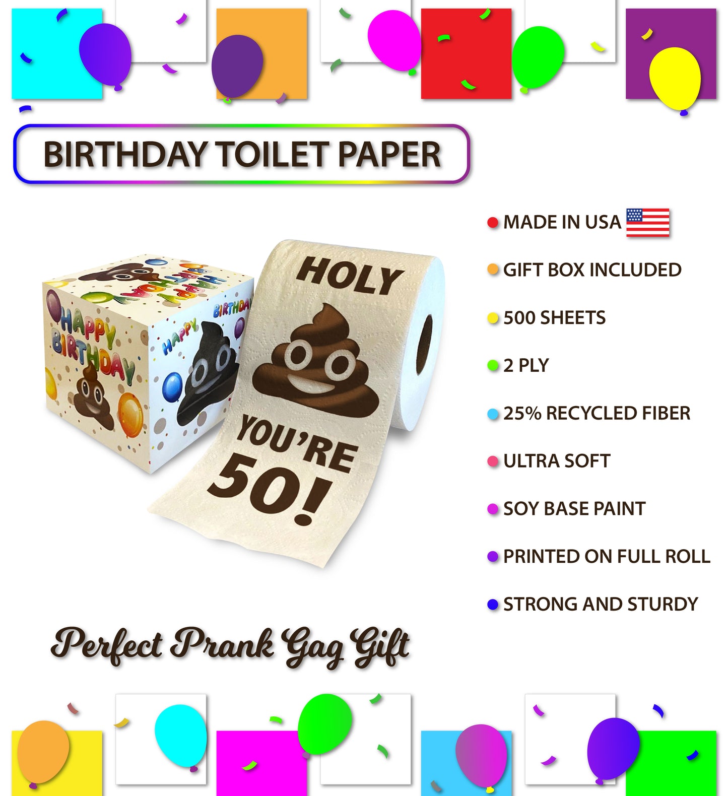 Printed TP Holy Poop You're 50 Funny Toilet Paper Roll Birthday Party Gag Gift