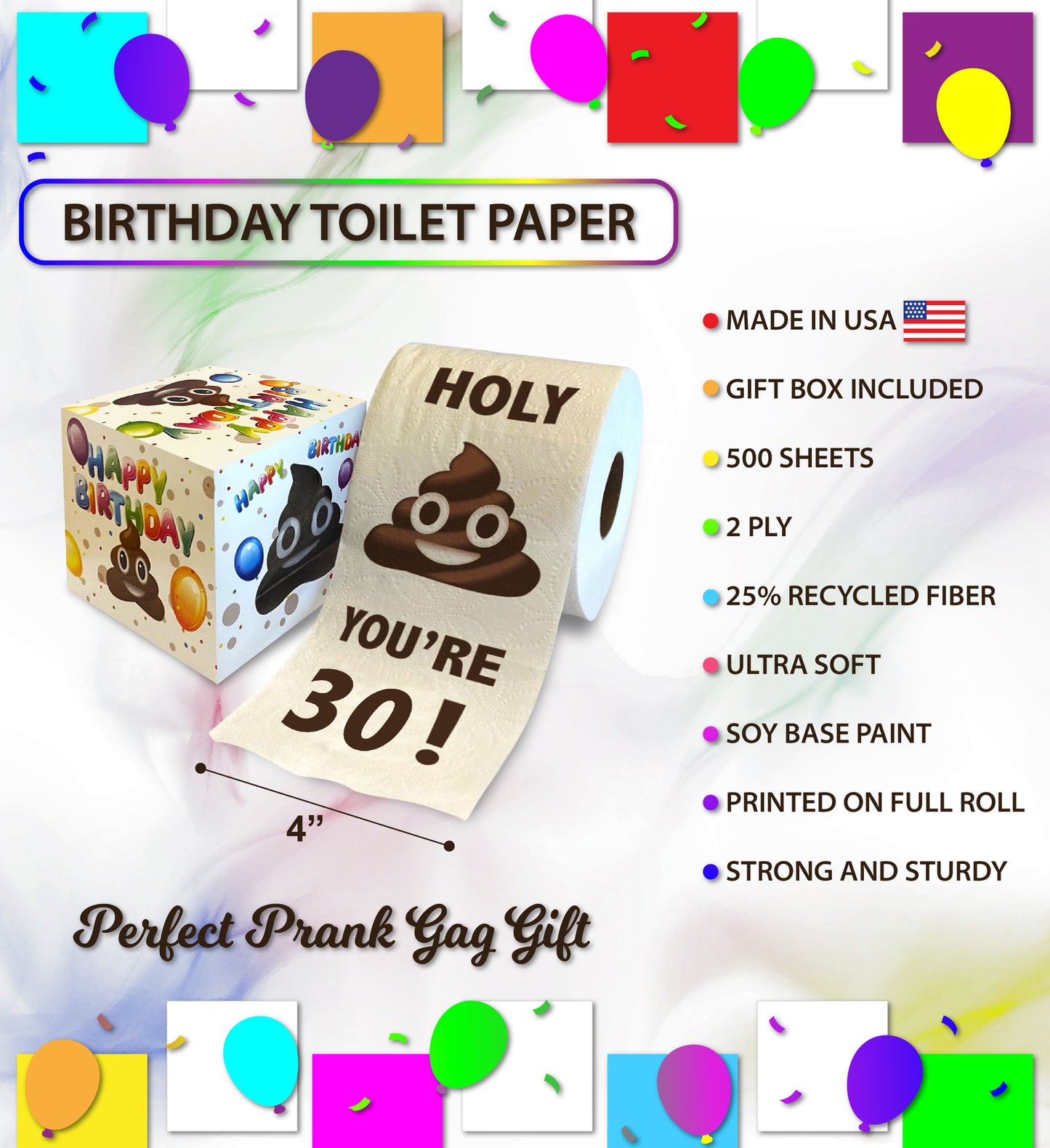 Printed TP Holy Poop You're 30 Funny Toilet Paper Roll Birthday Party Gag Gift