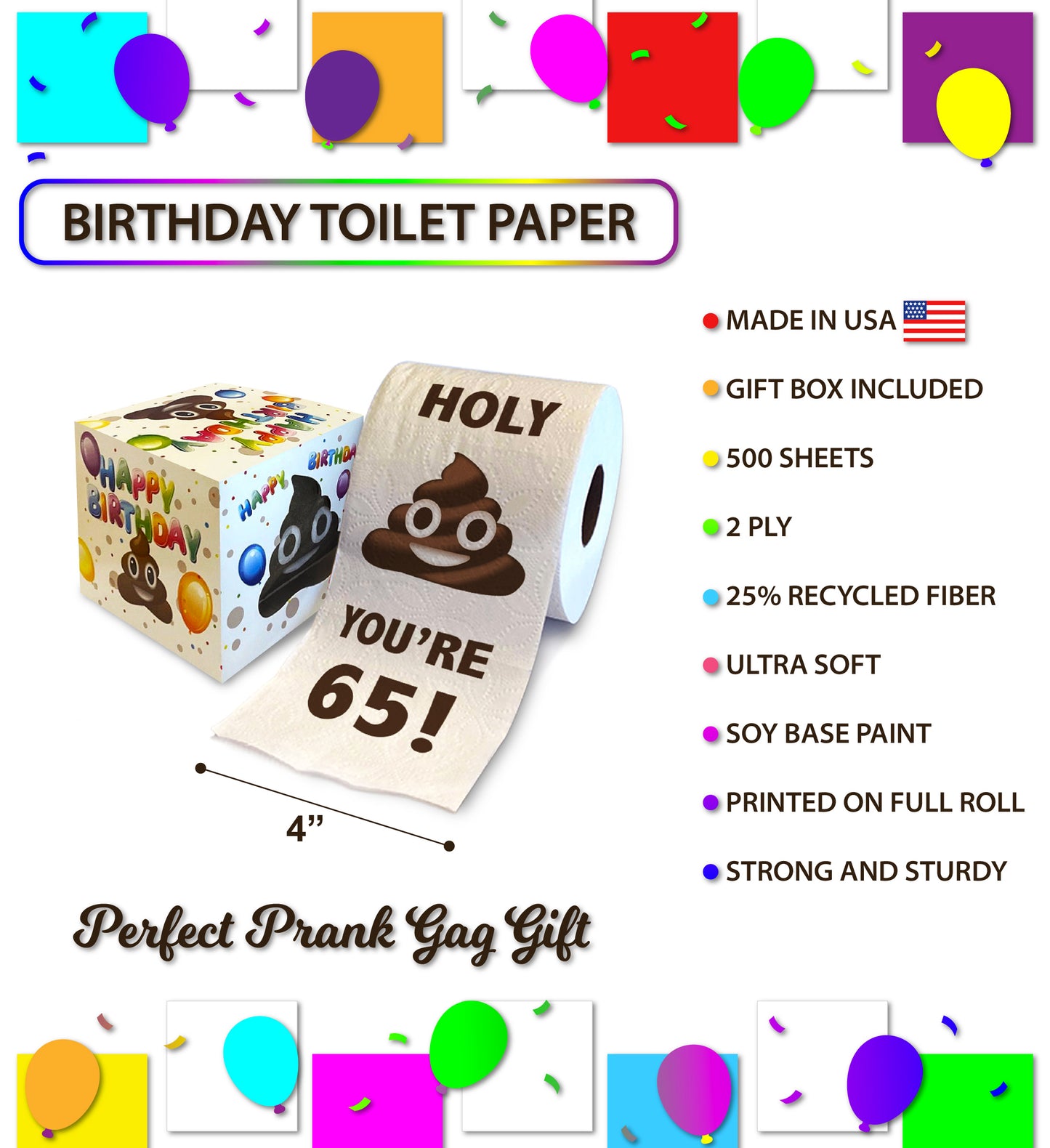 Printed TP Holy Poop You're 65 Funny Toilet Paper Roll Birthday Party Gag Gift