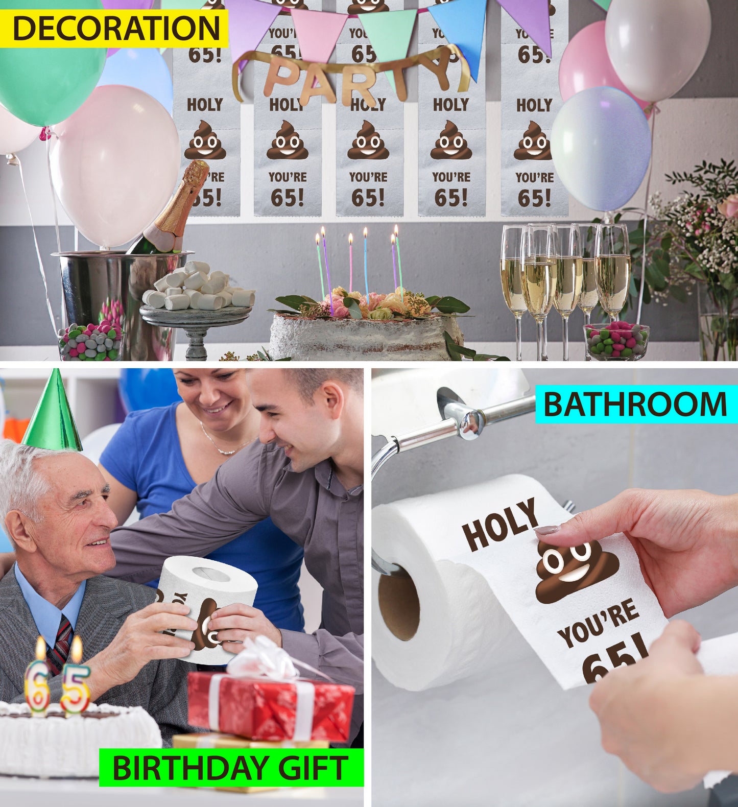 Printed TP Holy Poop You're 65 Funny Toilet Paper Roll Birthday Party Gag Gift