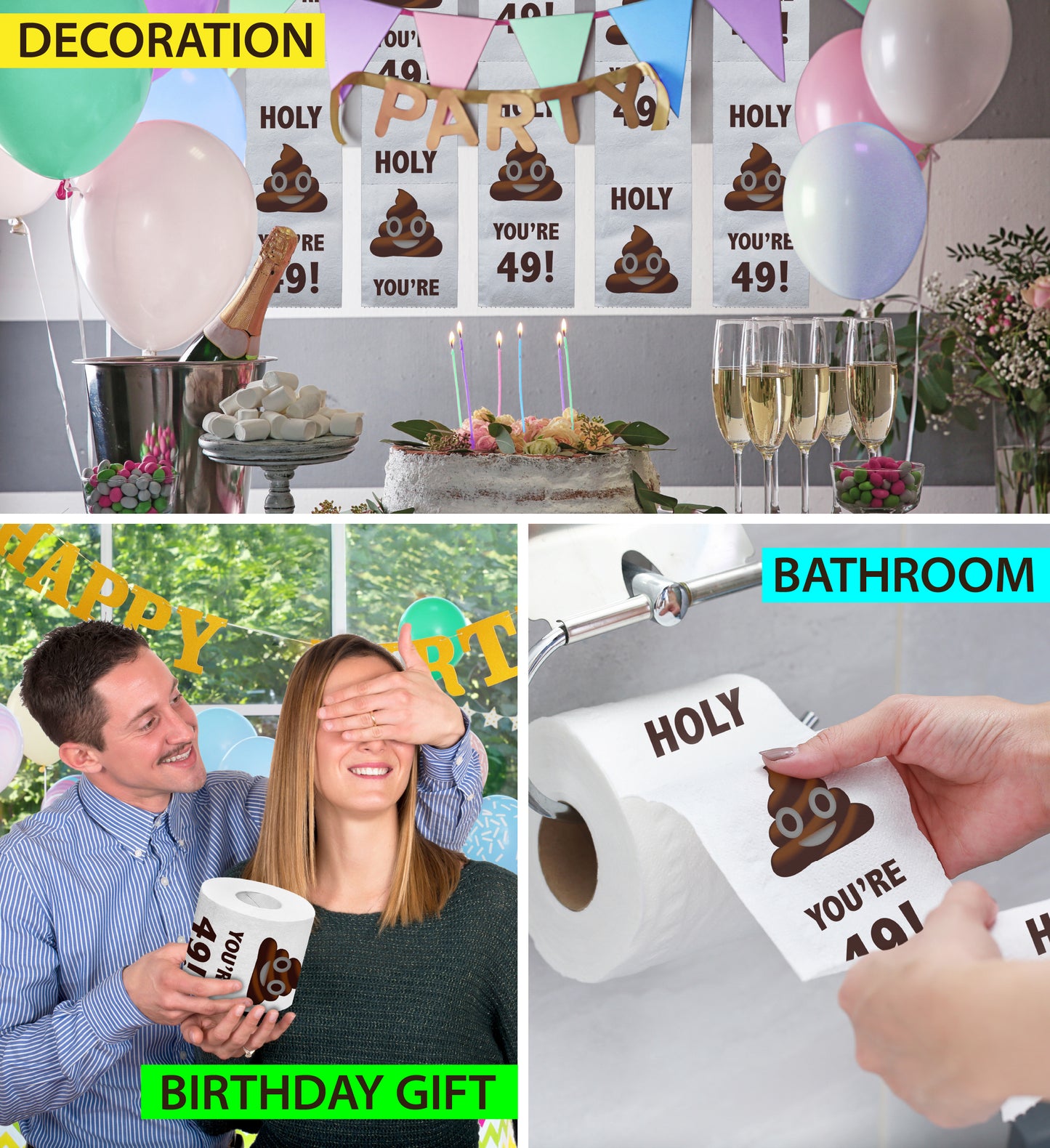 Printed TP Holy Poop You're 49 Funny Toilet Paper Roll Birthday Party Gag Gift