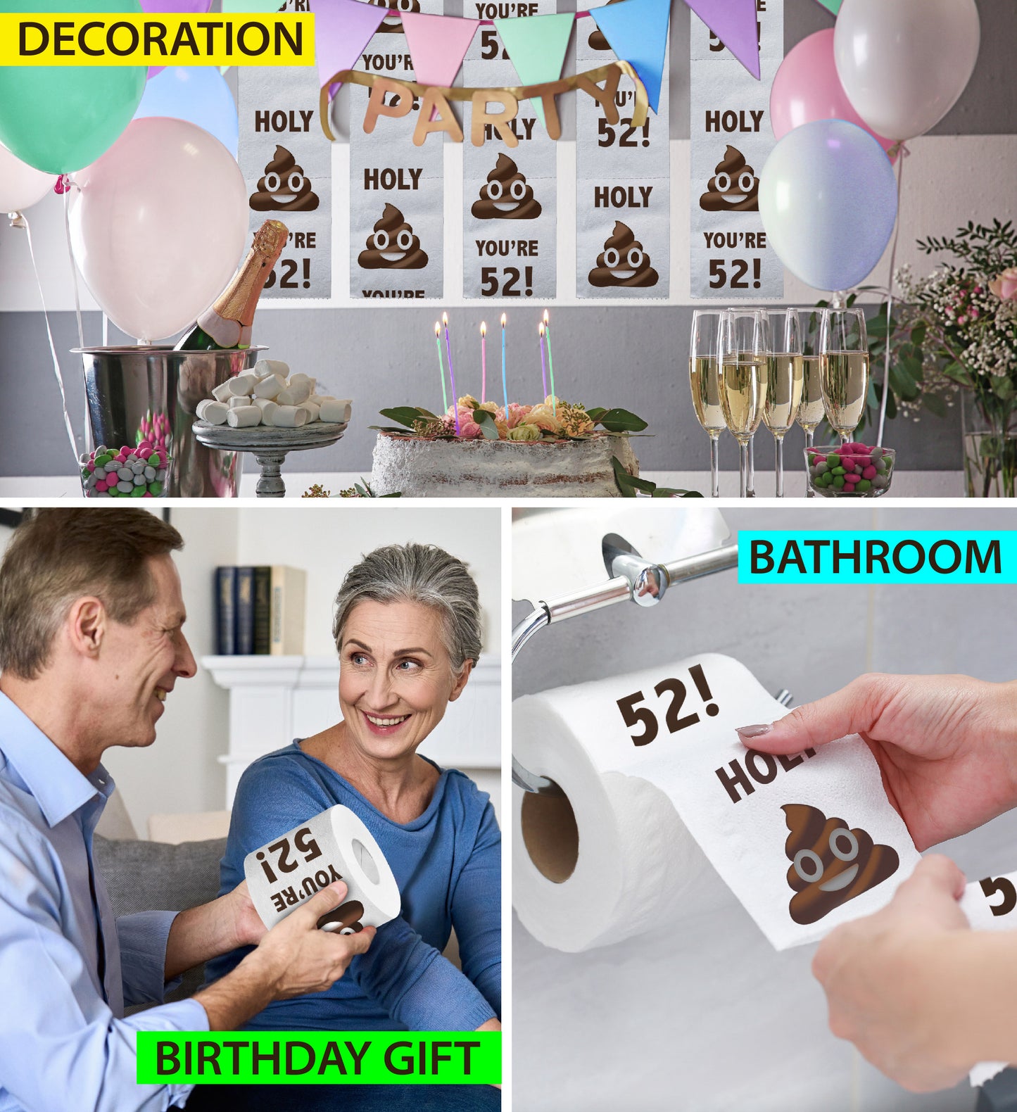 Printed TP Holy Poop You're 52 Funny Toilet Paper Roll Birthday Party Gag Gift