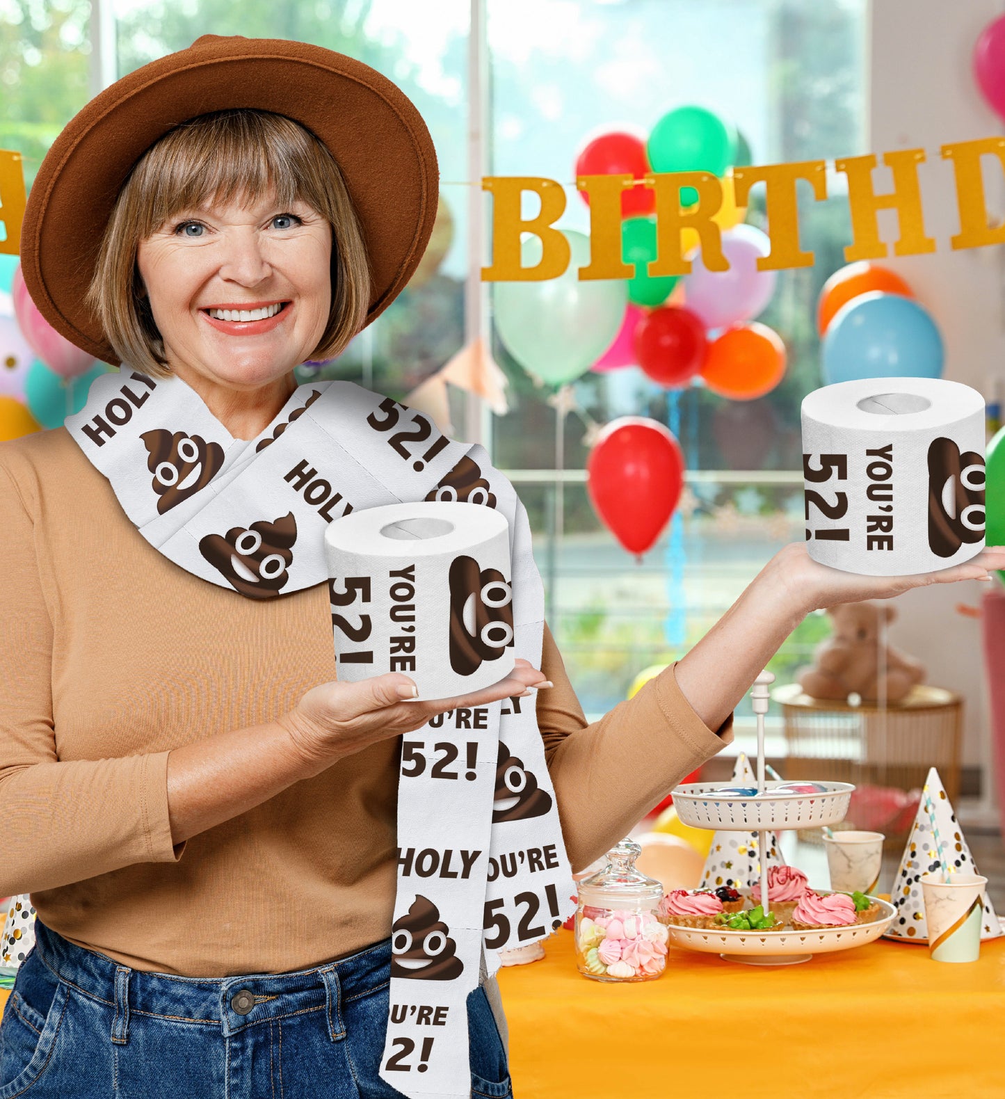 Printed TP Holy Poop You're 52 Funny Toilet Paper Roll Birthday Party Gag Gift