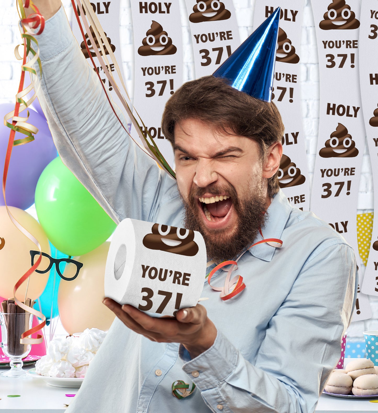 Printed TP Holy Poop You're 37 Funny Toilet Paper Roll Birthday Party Gag Gift
