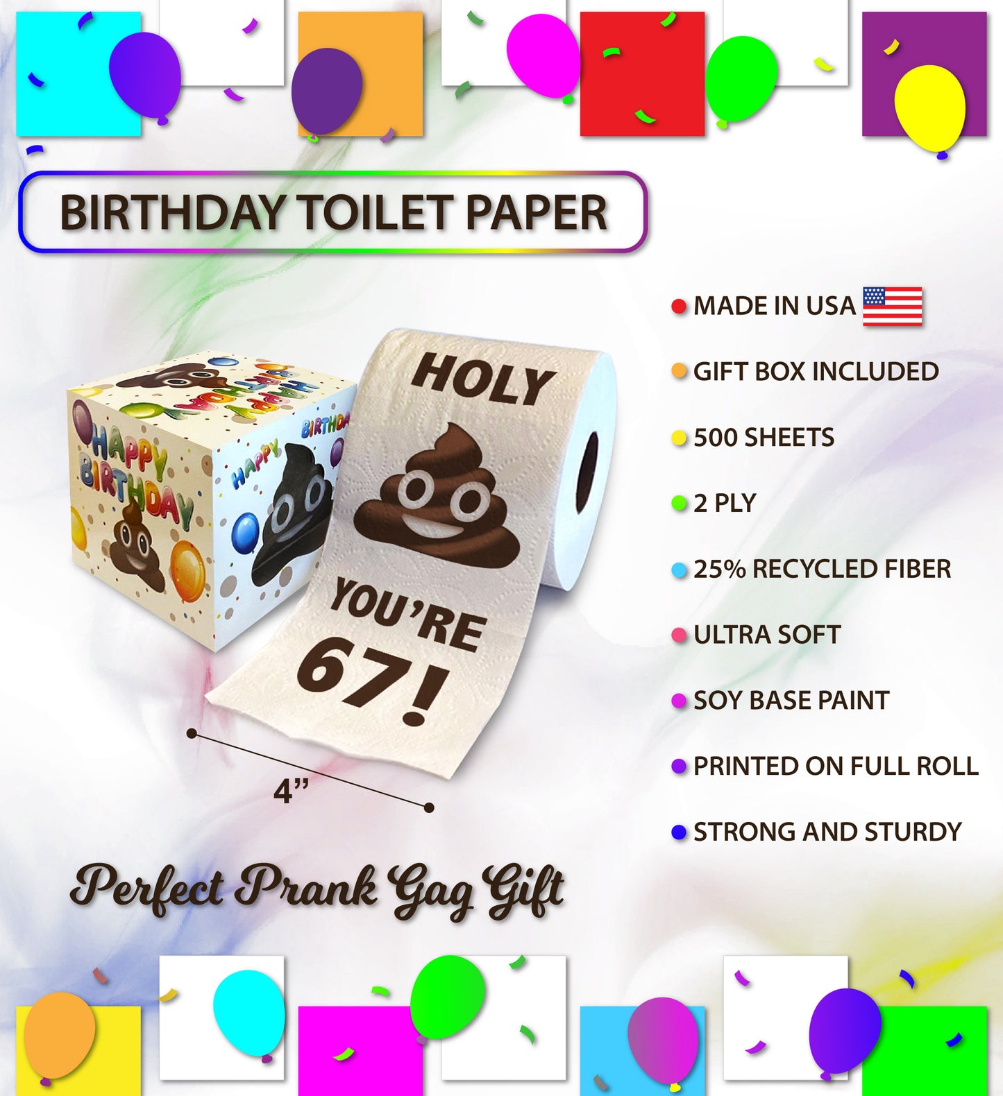 Printed TP Holy Poop You're 67 Funny Toilet Paper Roll Birthday Party Gag Gift