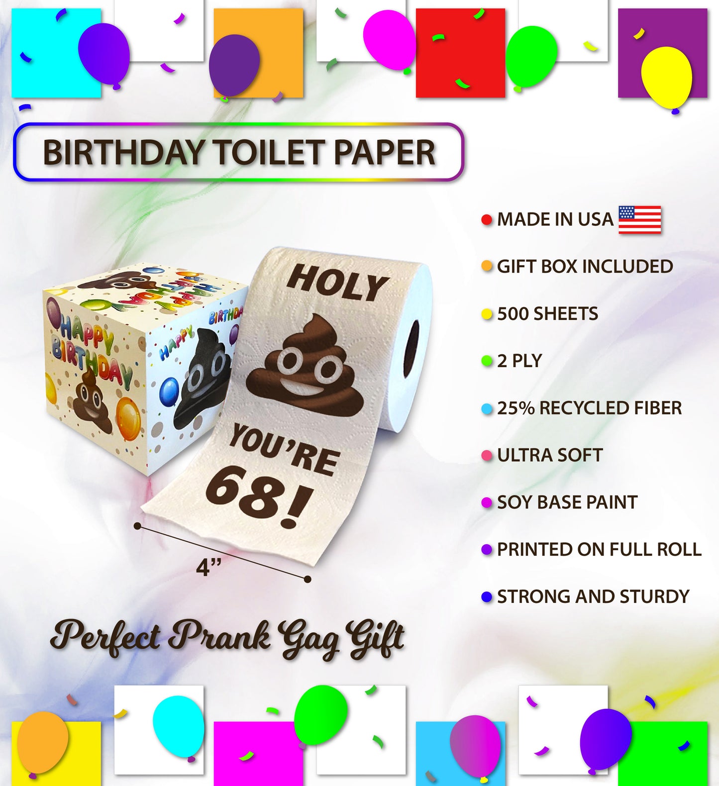 Printed TP Holy Poop You're 68 Funny Toilet Paper Roll Birthday Party Gag Gift