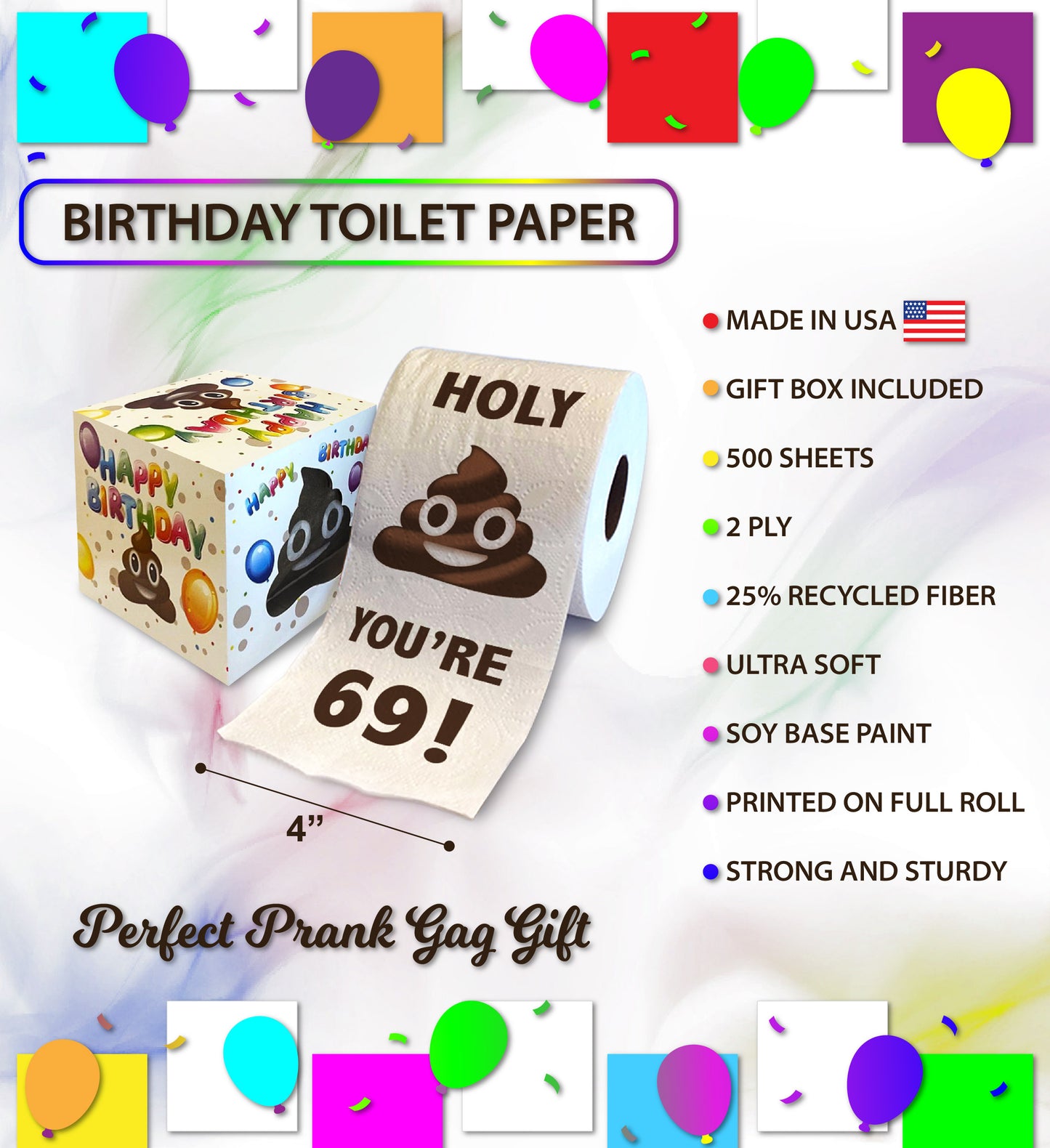 Printed TP Holy Poop You're 69 Funny Toilet Paper Roll Birthday Party Gag Gift