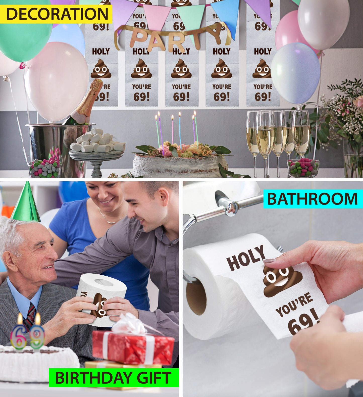 Printed TP Holy Poop You're 69 Funny Toilet Paper Roll Birthday Party Gag Gift