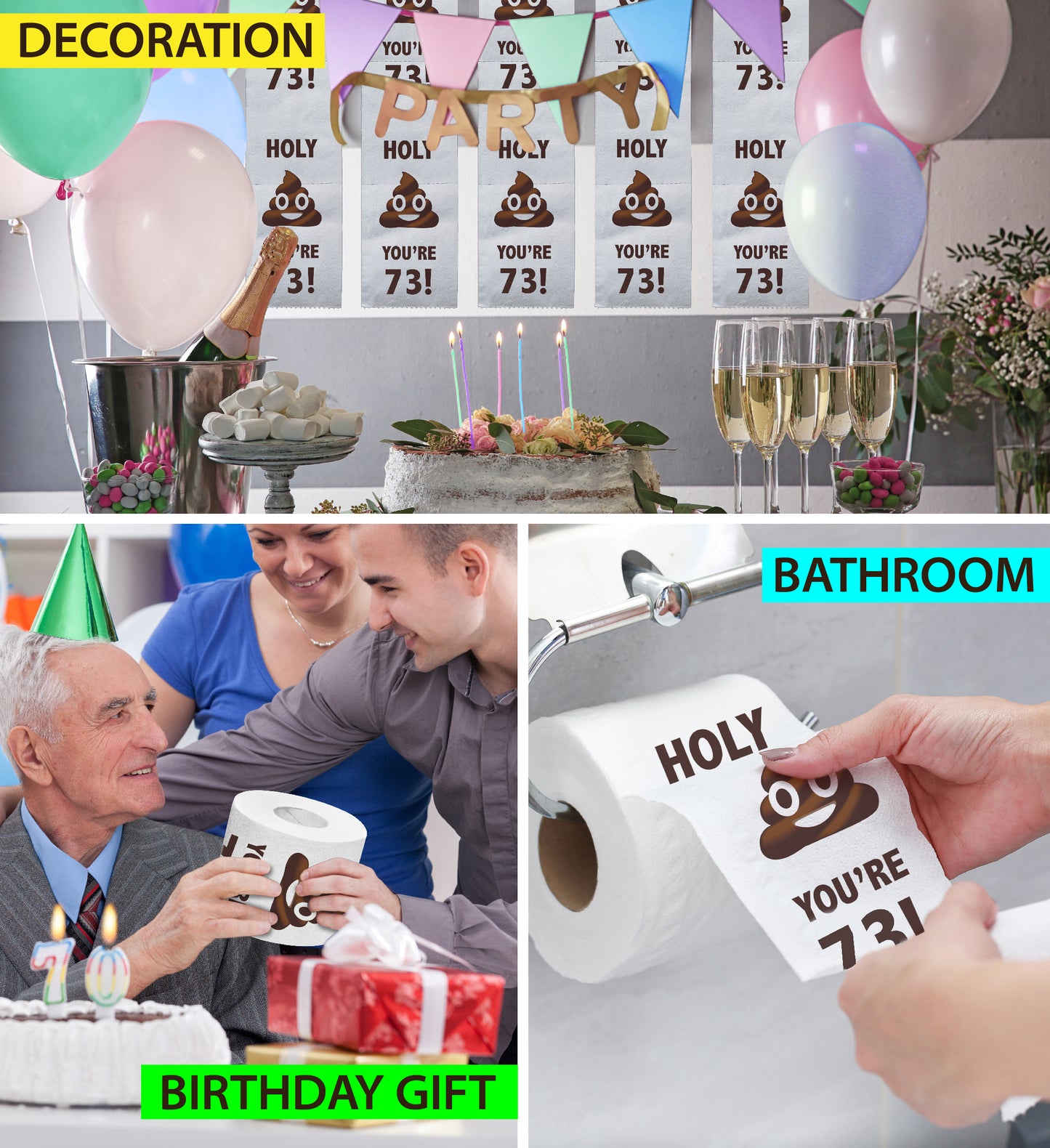 Printed TP Holy Poop You're 73 Funny Toilet Paper Roll Birthday Party Gag Gift